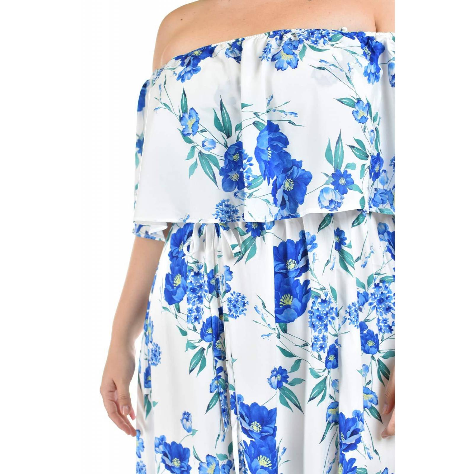 Vestido campesino largo Roman Fashion /Tallas Extras, 40208 (Blanco /Azul rey) 