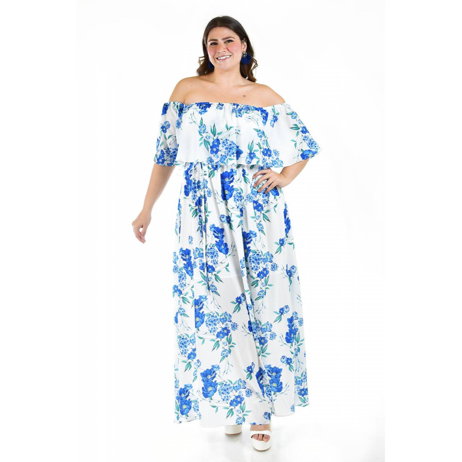 Vestido campesino largo Roman Fashion /Tallas Extras, 40208 (Blanco /Azul rey) 