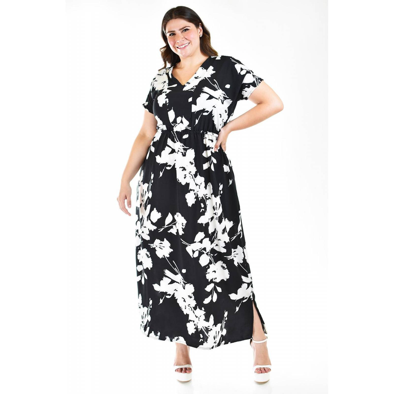 Vestido largo floreado Roman Fashion /Tallas Extras, 4331 (Negro flor) 