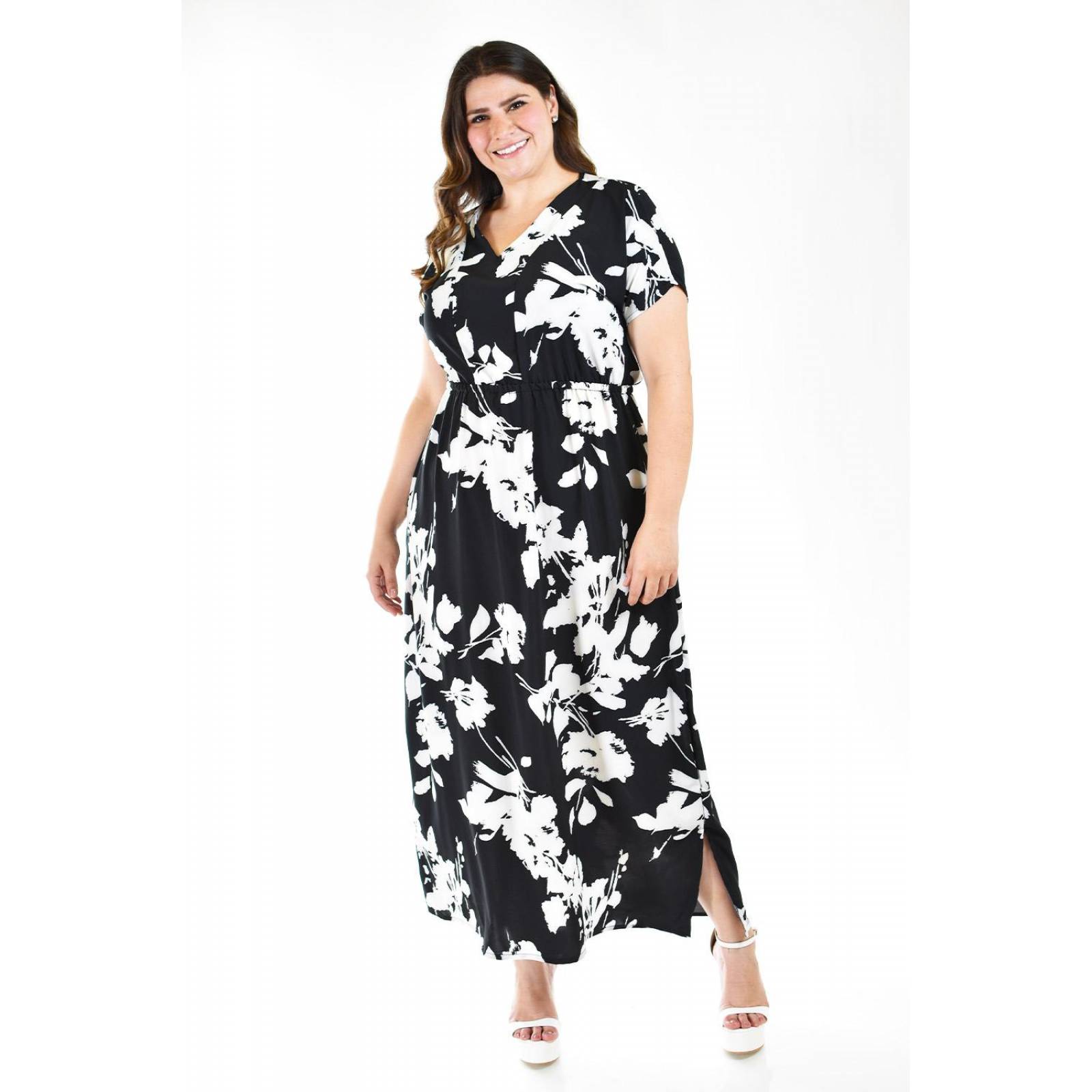 Vestido largo floreado Roman Fashion /Tallas Extras, 4331 (Negro flor) 
