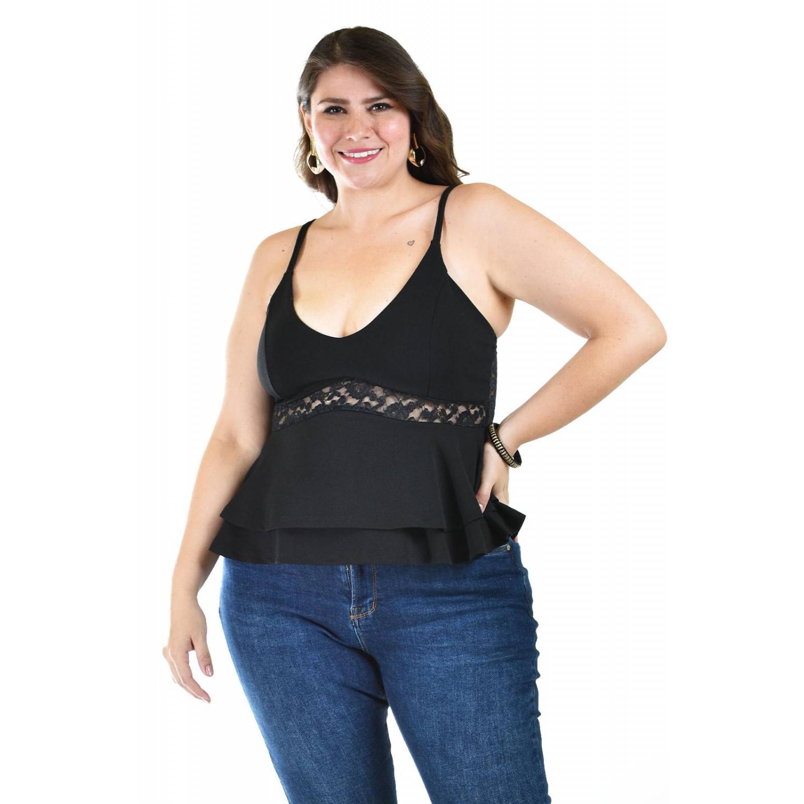 Blusa puplum con encanje Roman Fashion /Tallas Extras, 9037 (Negro) 