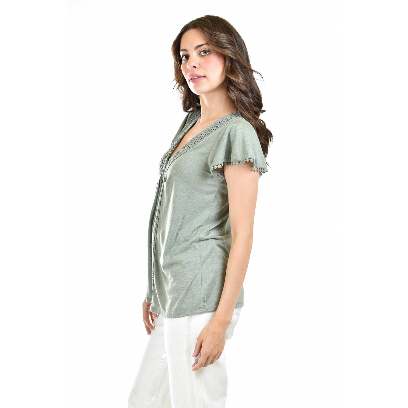 Blusa con detalle de encanje Roman Fashion /Juvenil, 1220 (Verde militar) .