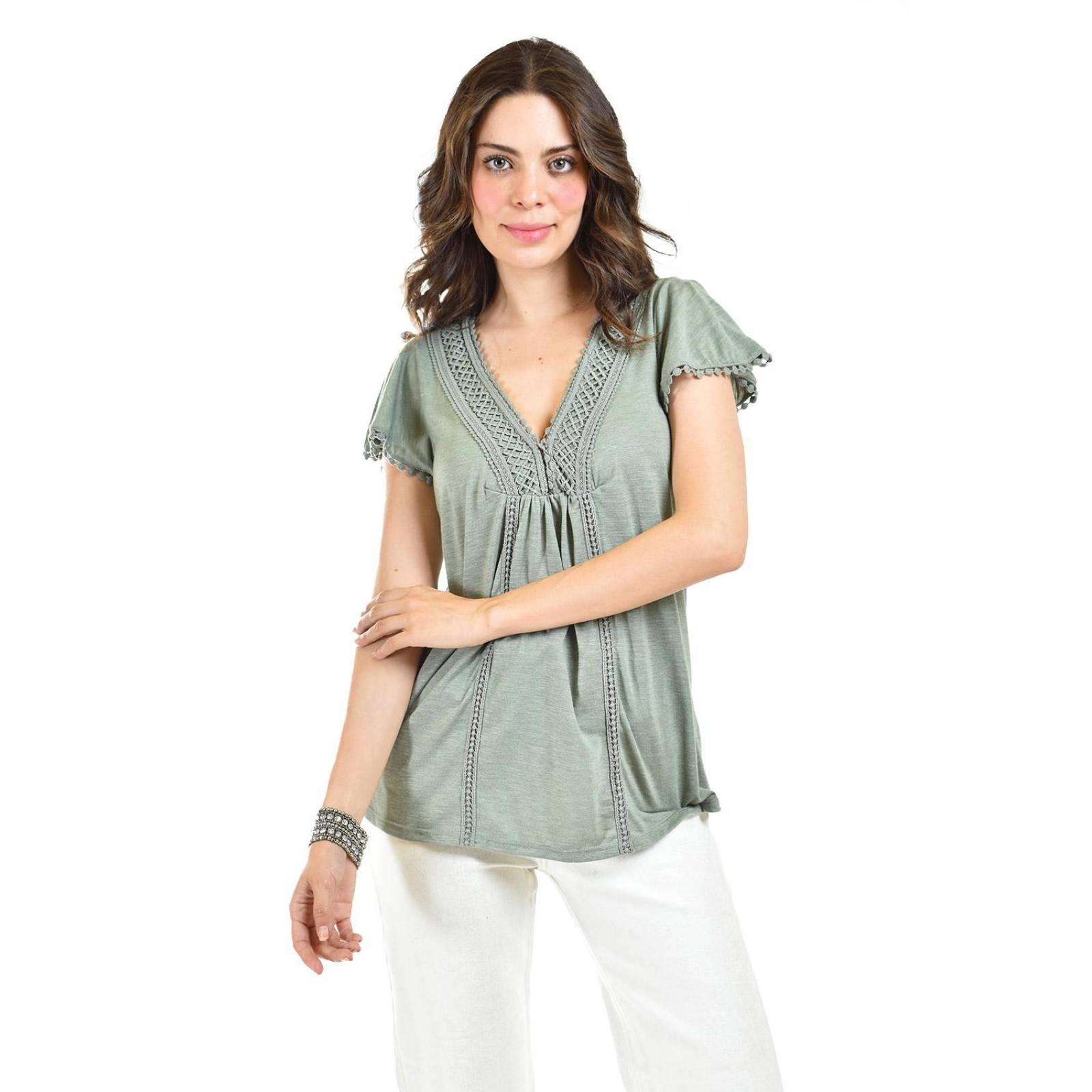 Blusa con detalle de encanje Roman Fashion /Juvenil, 1220 (Verde militar) .
