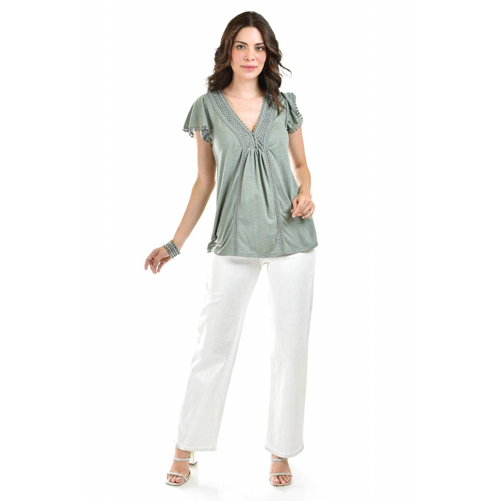 Blusa con detalle de encanje Roman Fashion /Juvenil, 1220 (Verde militar) .