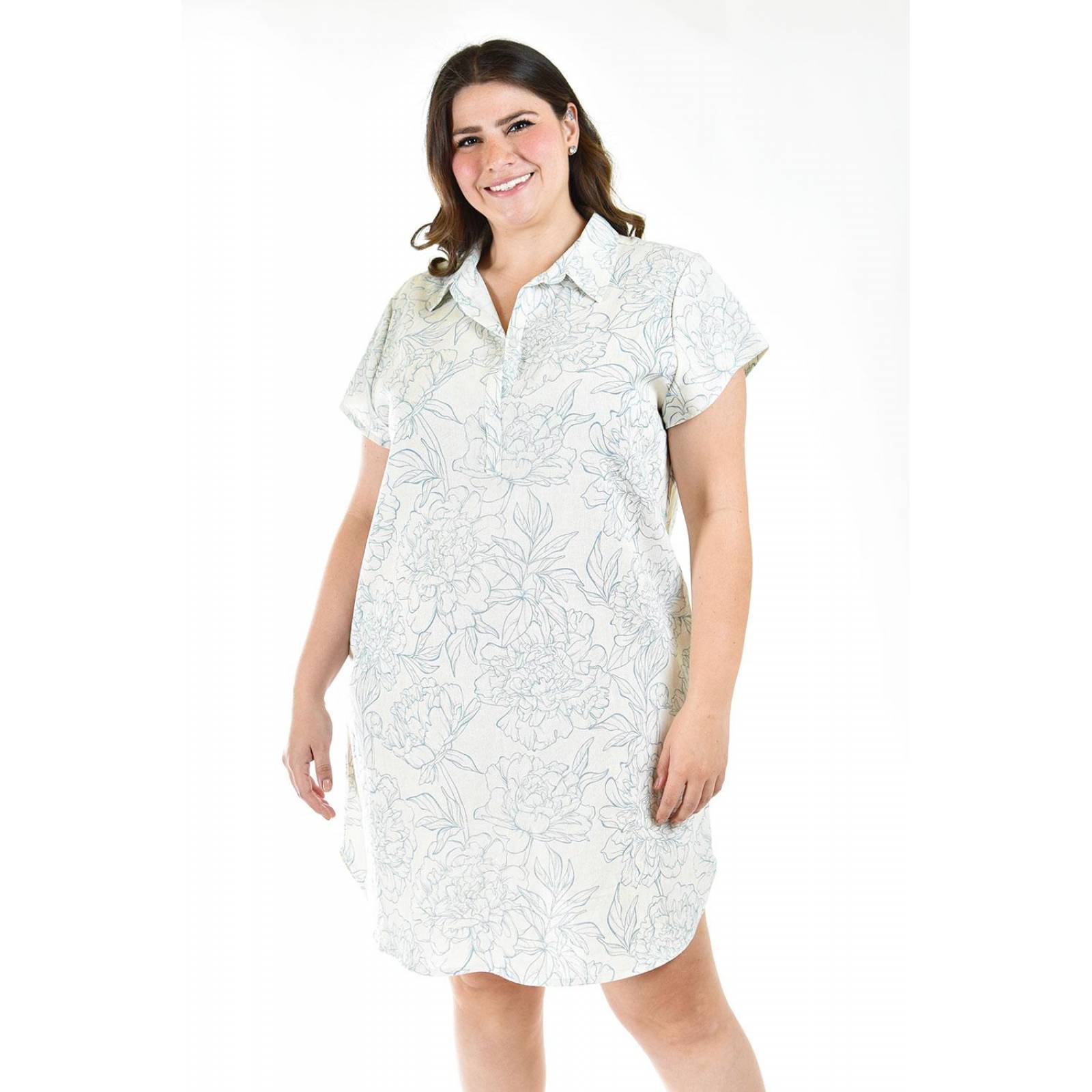 Vestido camisero de lino Roman Fashion /Tallas Extras, 006 (Estampado azul claro) 