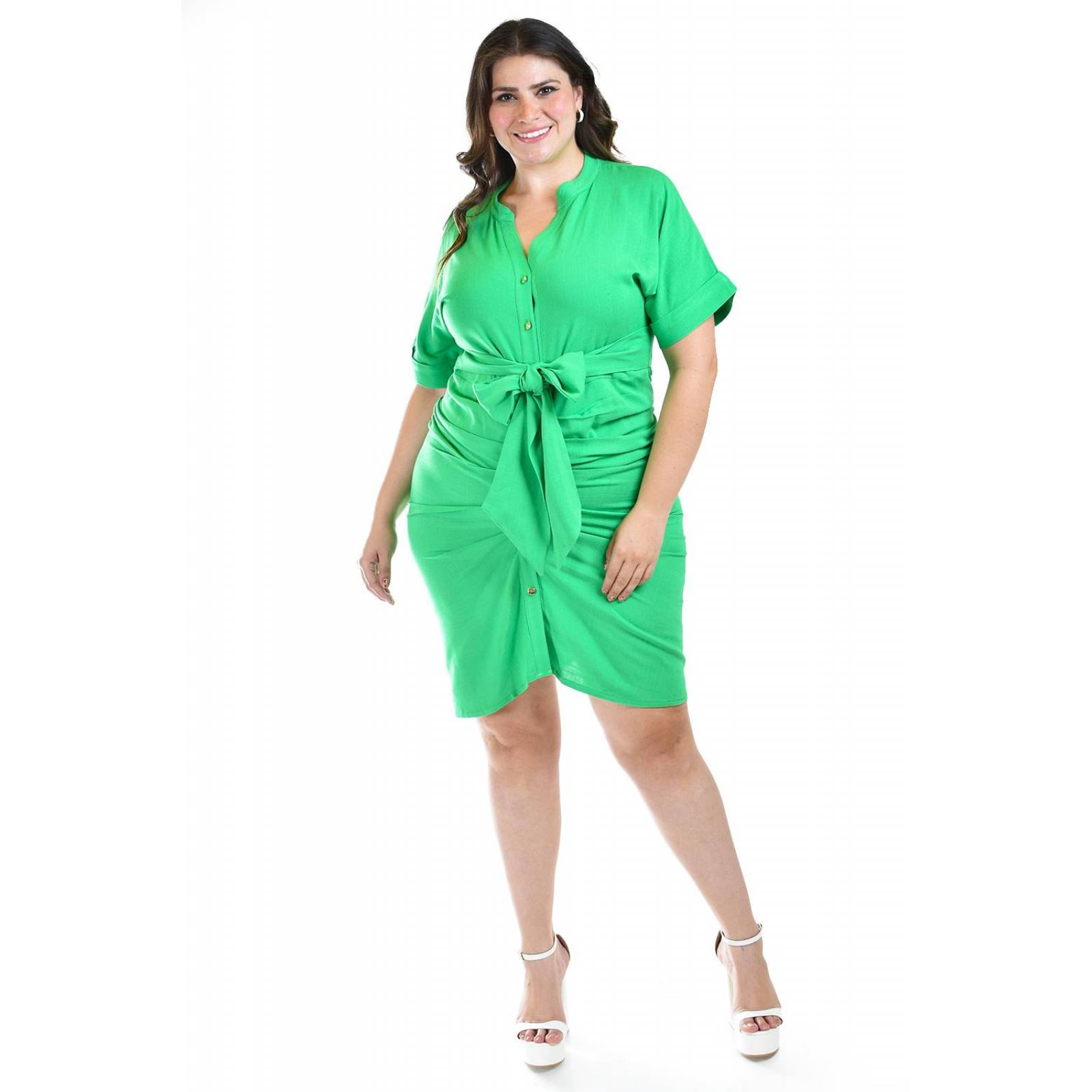 Vestido drapeado con botones Roman Fashion /Tallas Extras, 1059 (Verde) 
