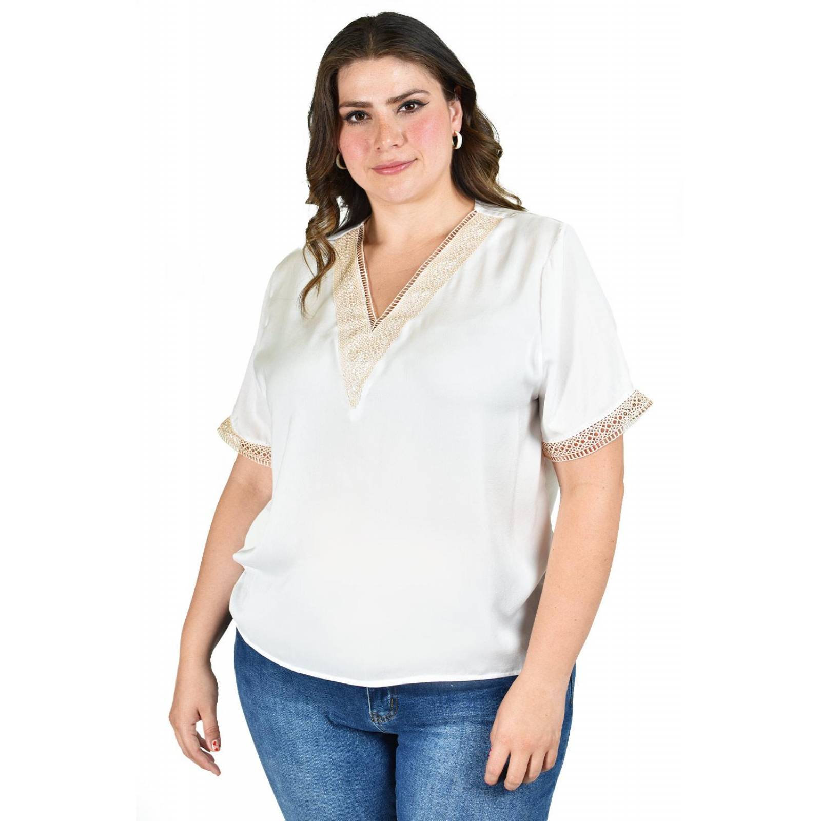 Blusa de chifon con encaje Roman Fashion /Tallas Extras, 009 (Blanco) 