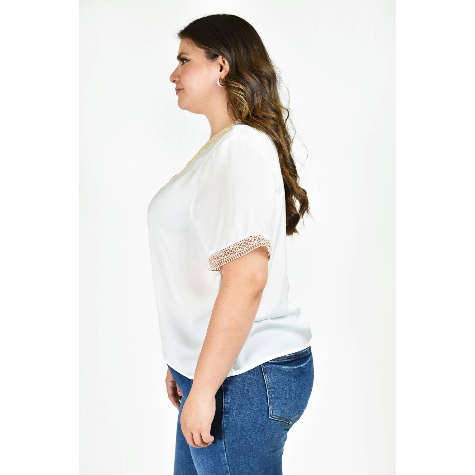 Blusa de chifon con encaje Roman Fashion /Tallas Extras, 009 (Blanco) 