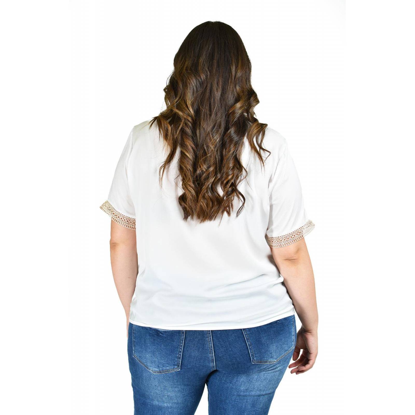 Blusa de chifon con encaje Roman Fashion /Tallas Extras, 009 (Blanco) 