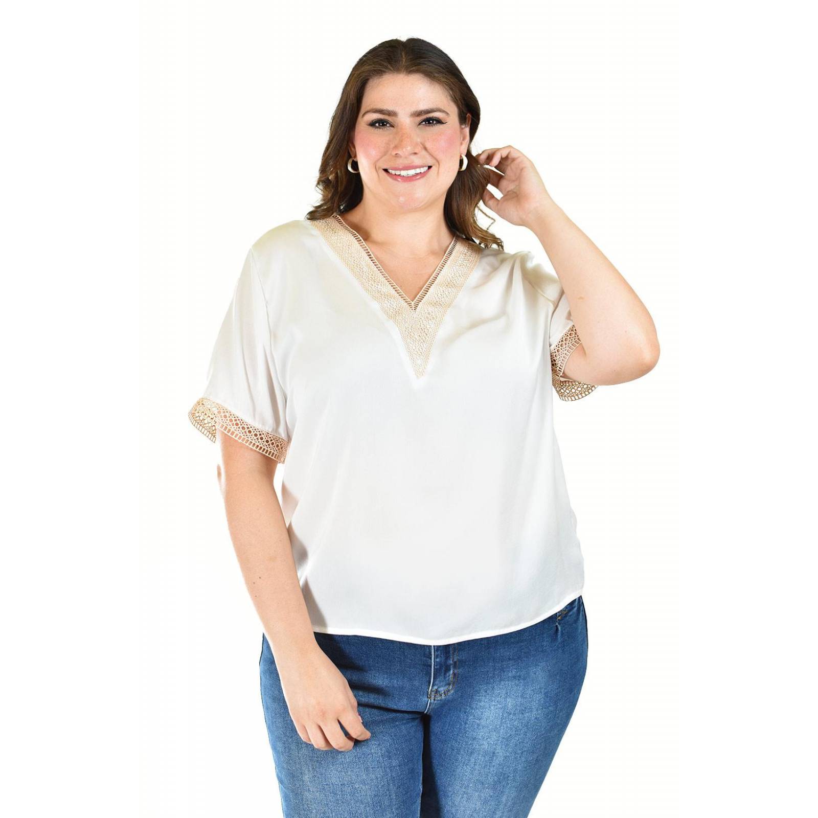 Blusa de chifon con encaje Roman Fashion /Tallas Extras, 009 (Blanco) 