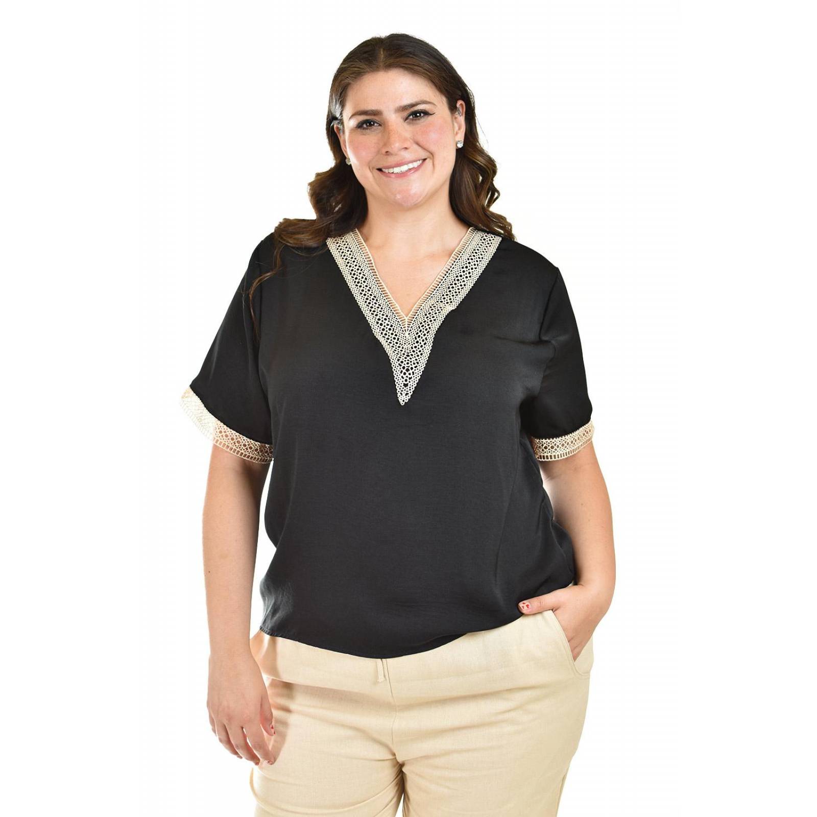 Blusa de chifon con encaje Roman Fashion /Tallas Extras, 009 (Negro) 