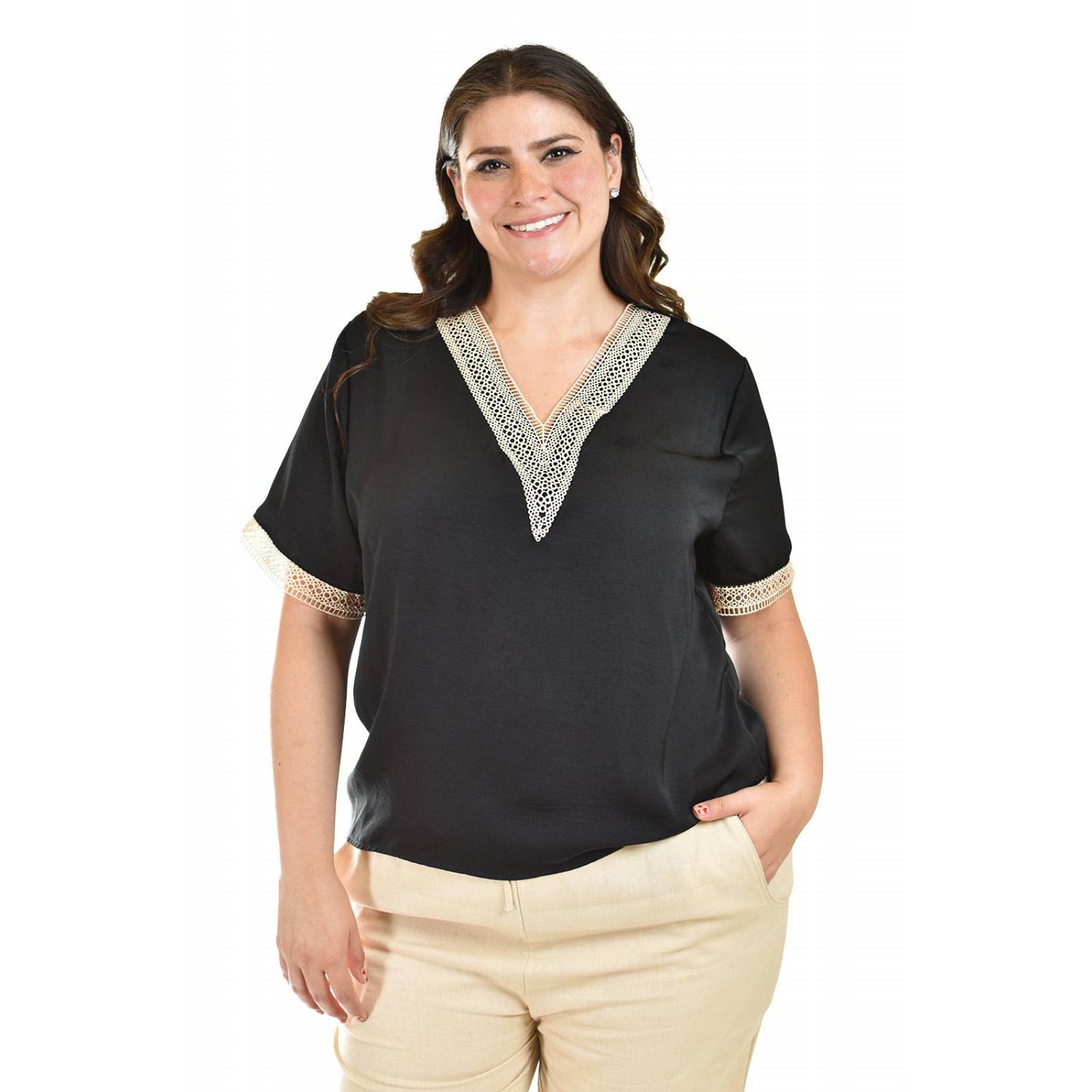 Blusa de chifon con encaje Roman Fashion /Tallas Extras, 009 (Negro)