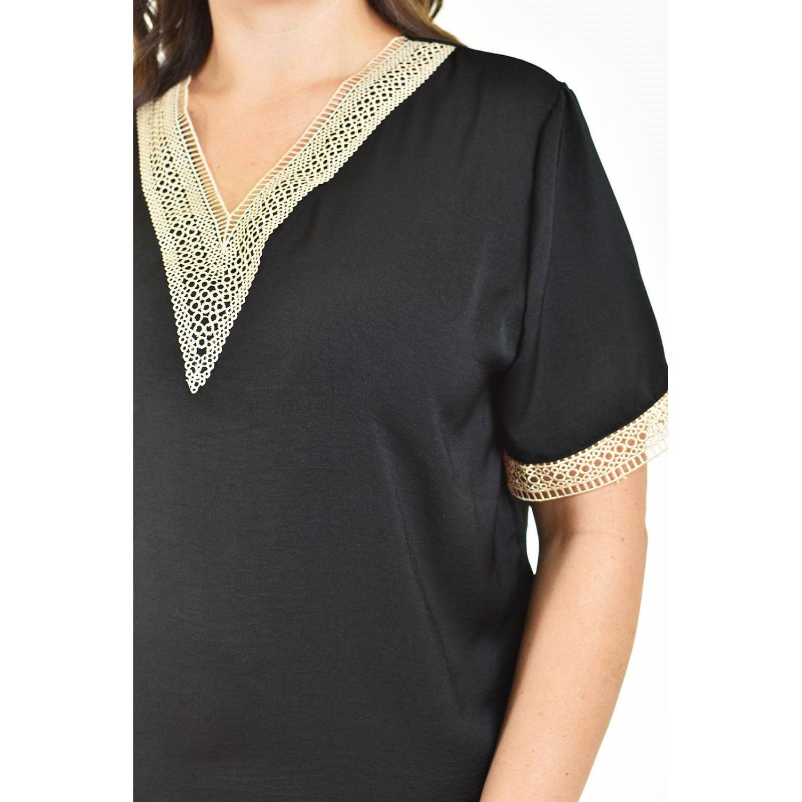 Blusa de chifon con encaje Roman Fashion /Tallas Extras, 009 (Negro)