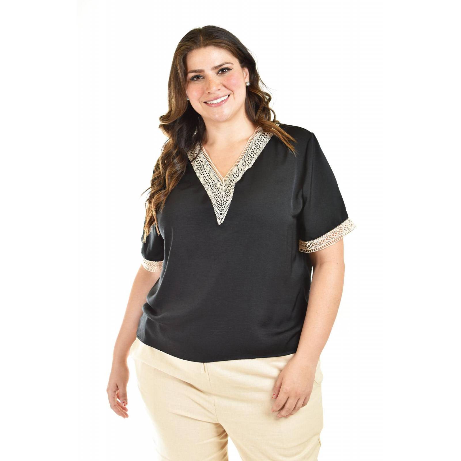 Blusa de chifon con encaje Roman Fashion /Tallas Extras, 009 (Negro)