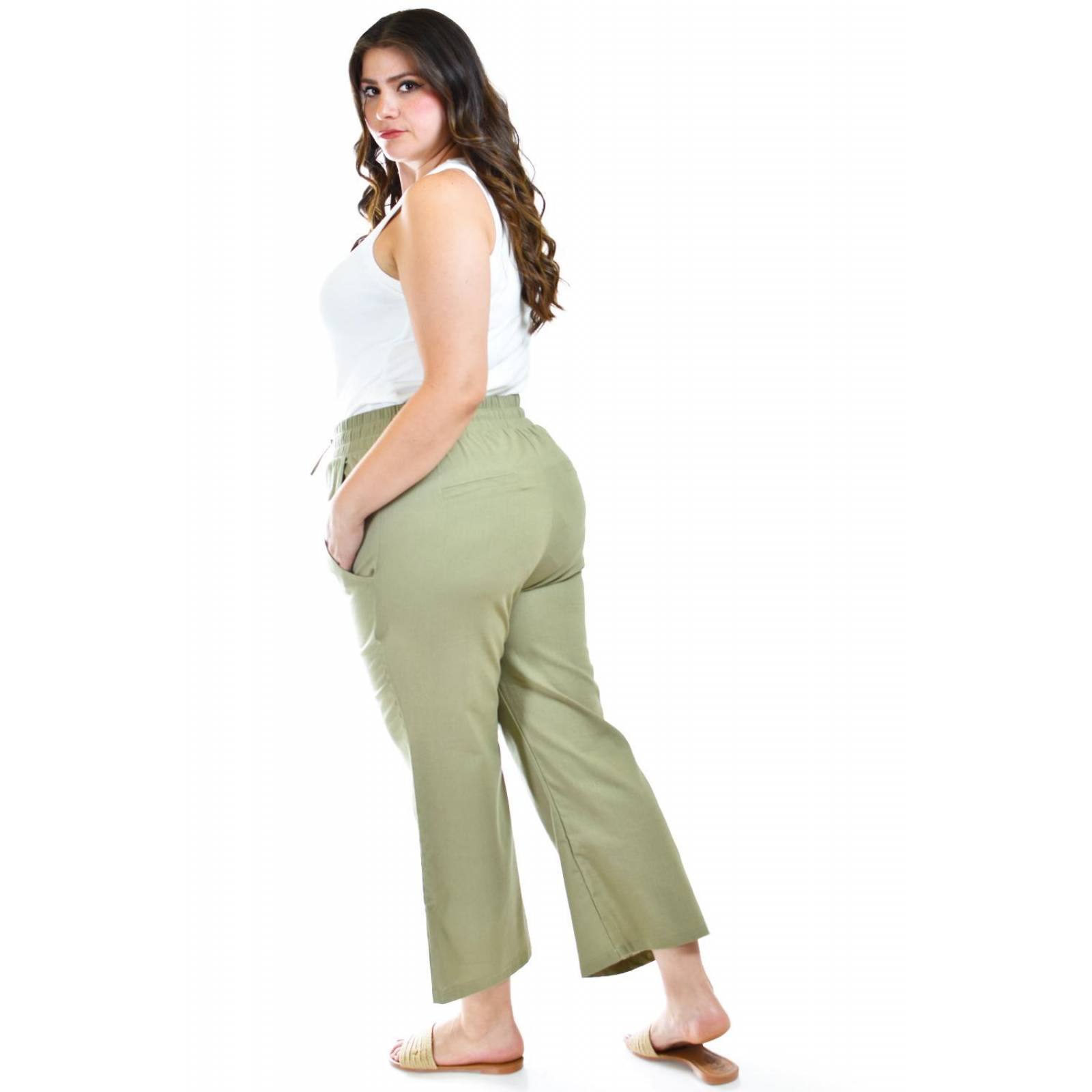 Pantalon de lino Roman Fashion /Tallas Extras, 022 (Verde militar) .