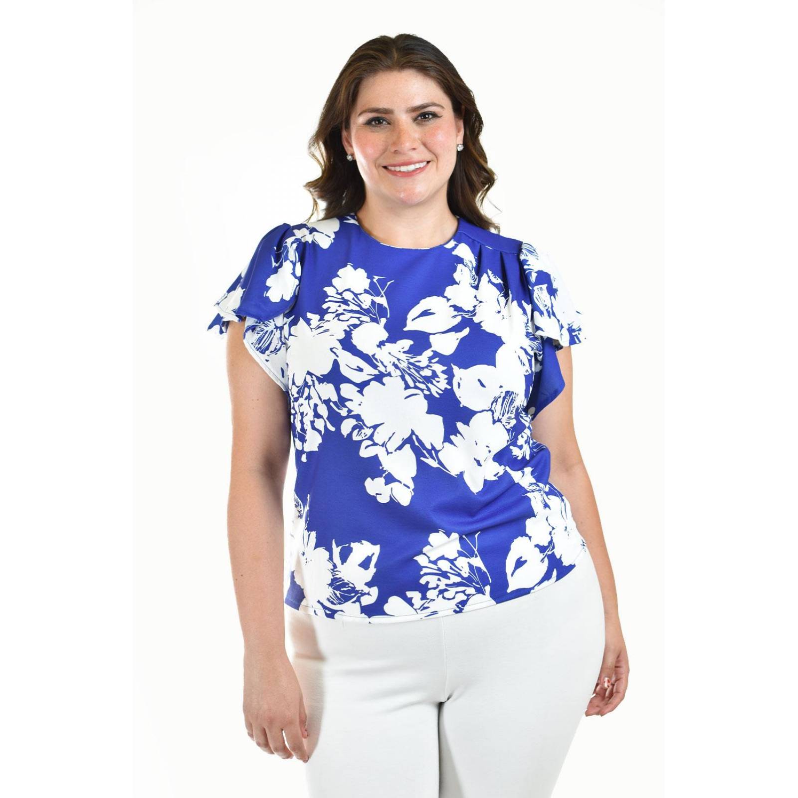 Blusa manga con olanes Roman Fashion /Tallas Extras, 1843 (Flor Azul rey) 