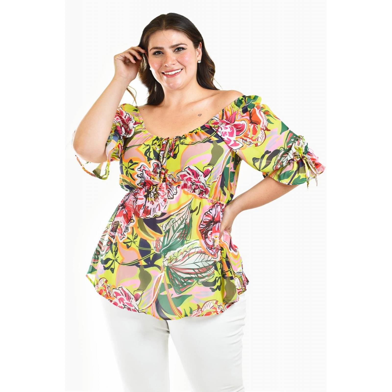 Blusa floreada de chiffon Roman Fashion /Tallas Extras, 1826 (Lima flores) 