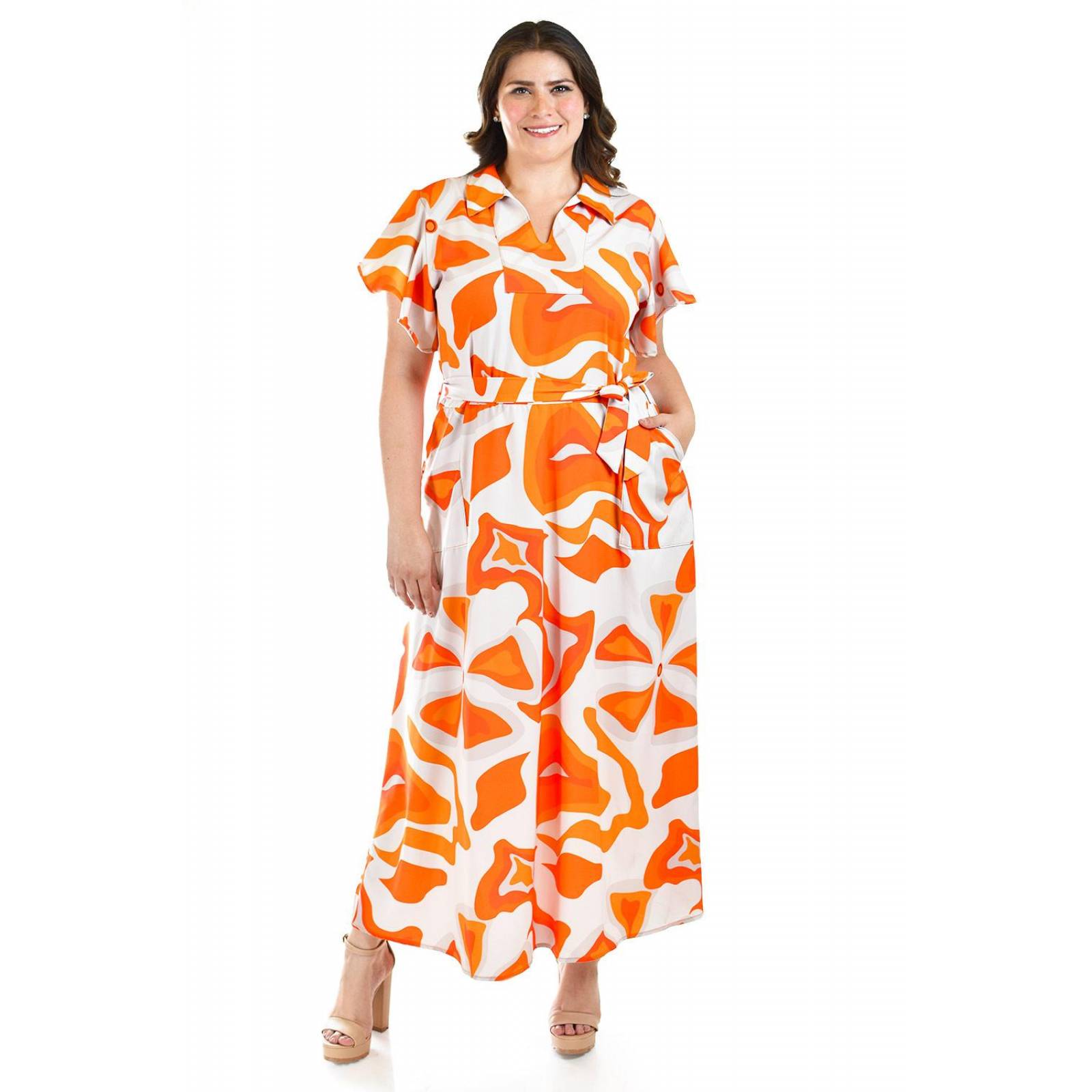 Vestido largo estampado abstracto Roman Fashion /Tallas Extras, 4338 (Naranja) 