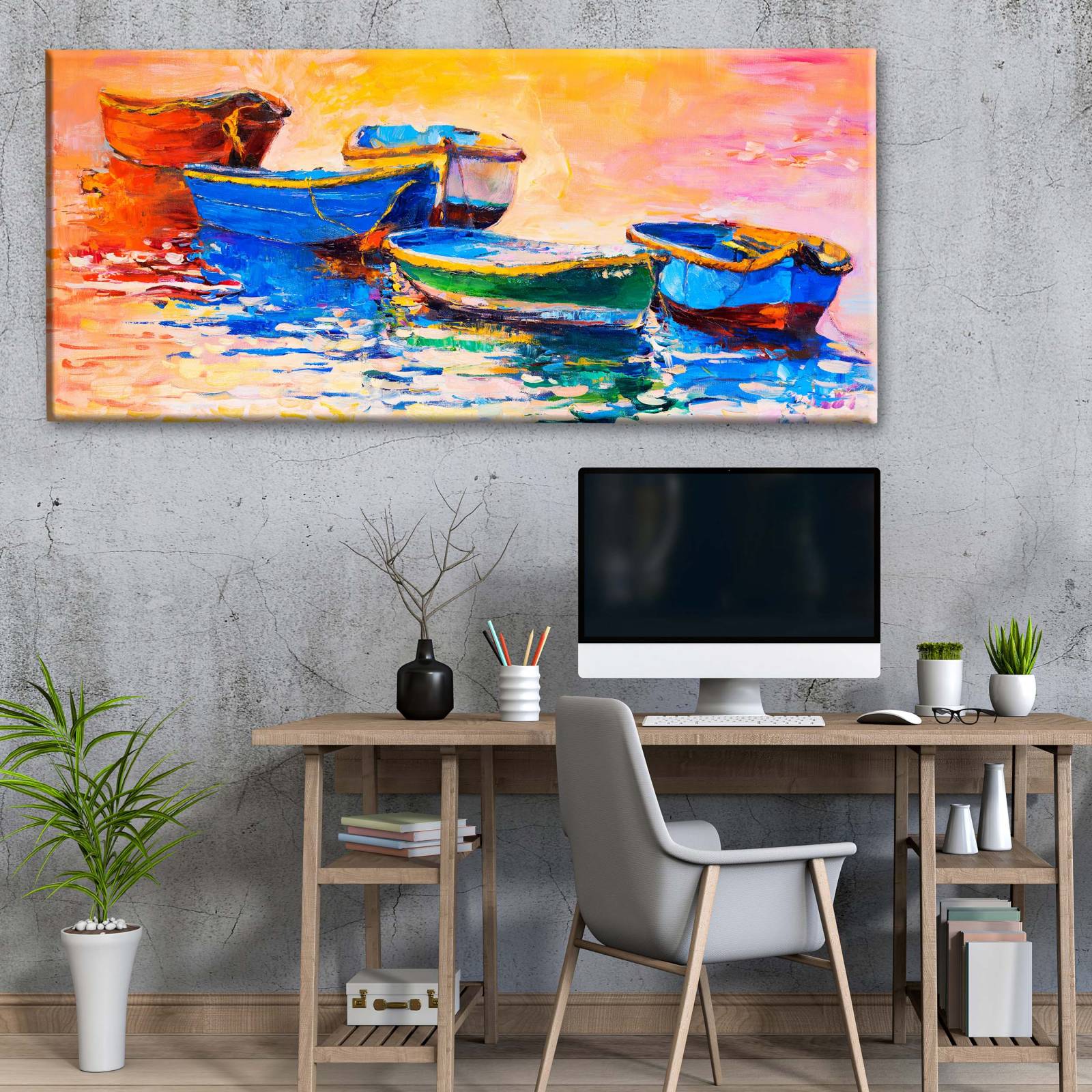 Cuadro Decorativo Canvas Oleo Barcos Puesta de Sol 80x40