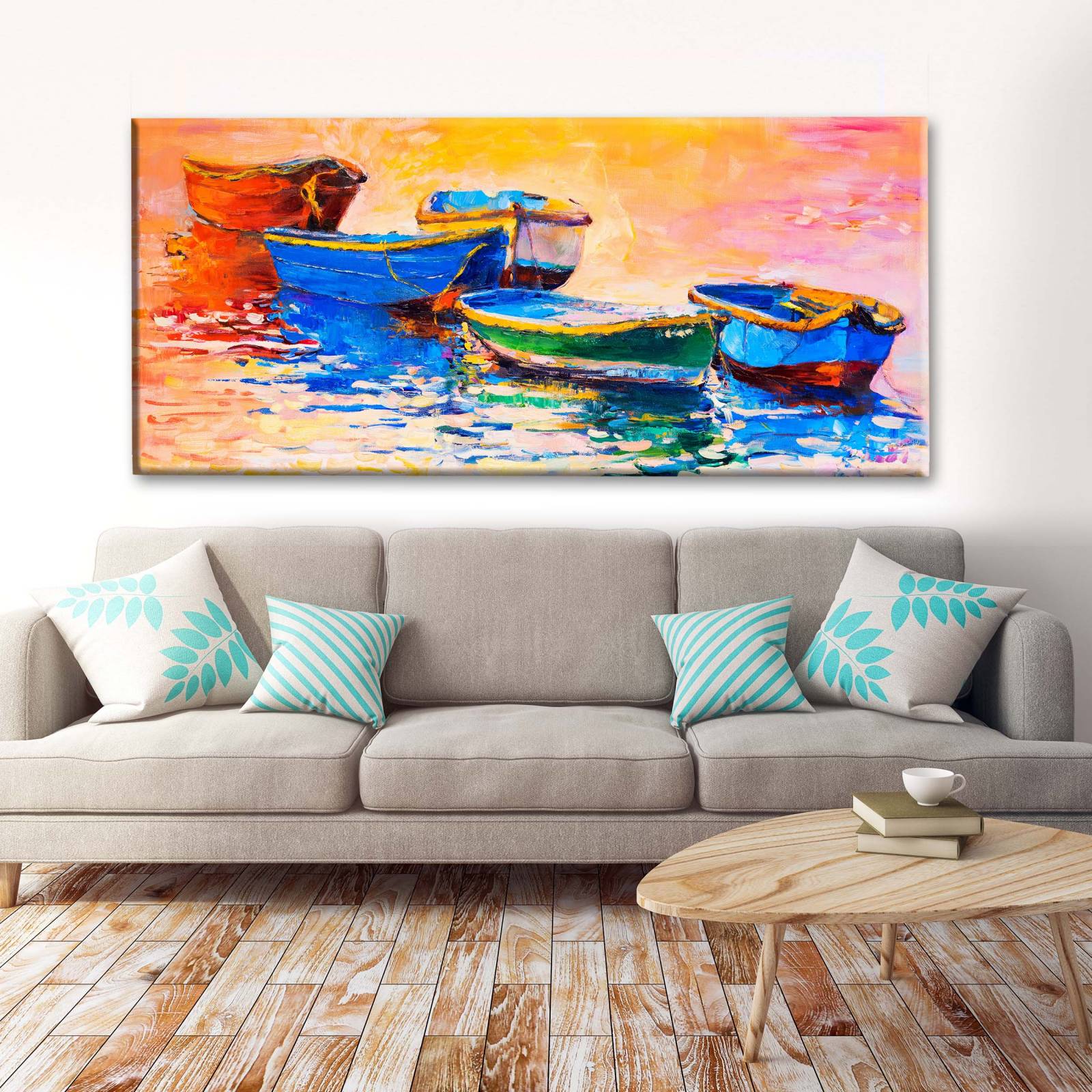 Cuadro Decorativo Canvas Oleo Barcos Puesta de Sol 80x40