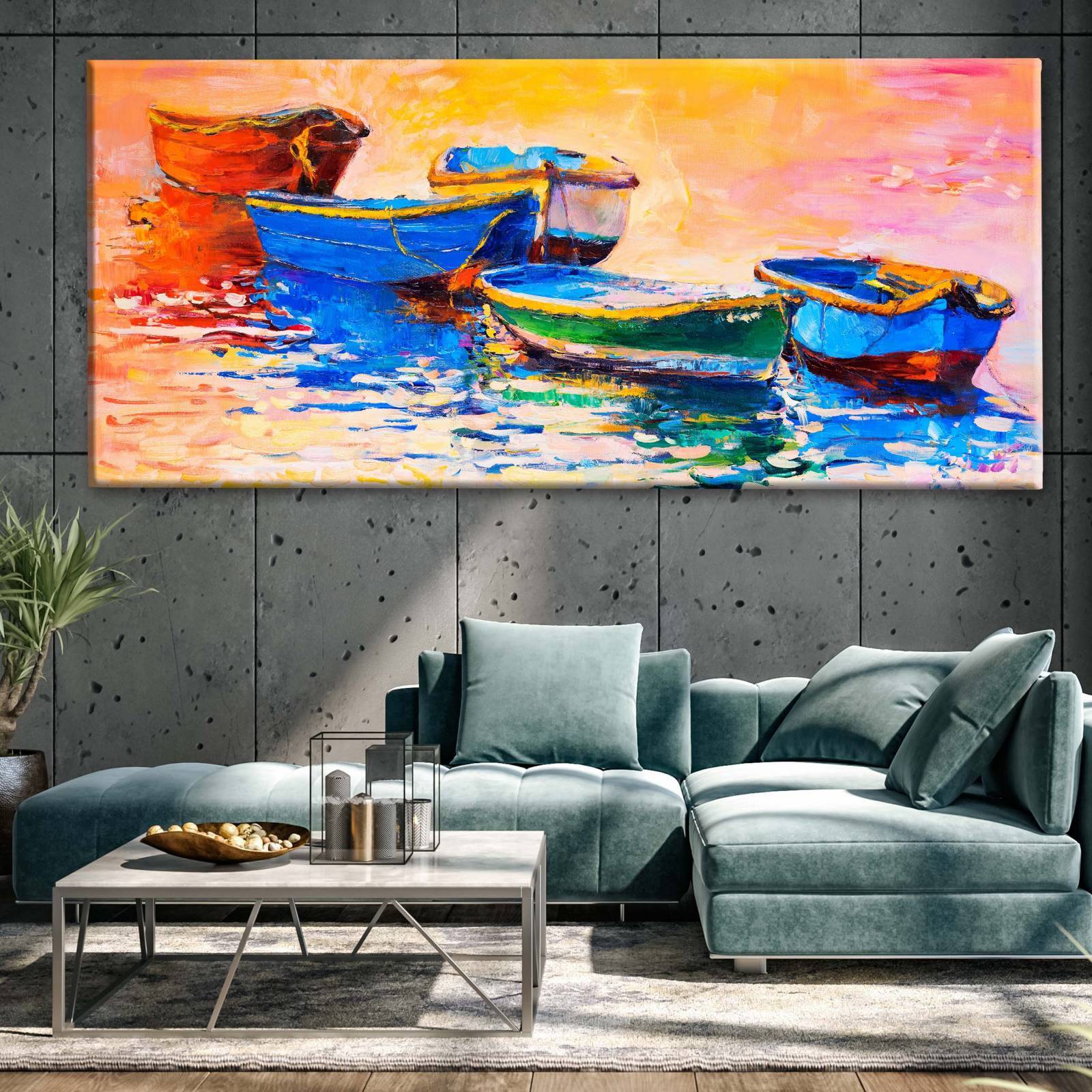 Cuadro Decorativo Canvas Oleo Barcos Puesta de Sol 80x40