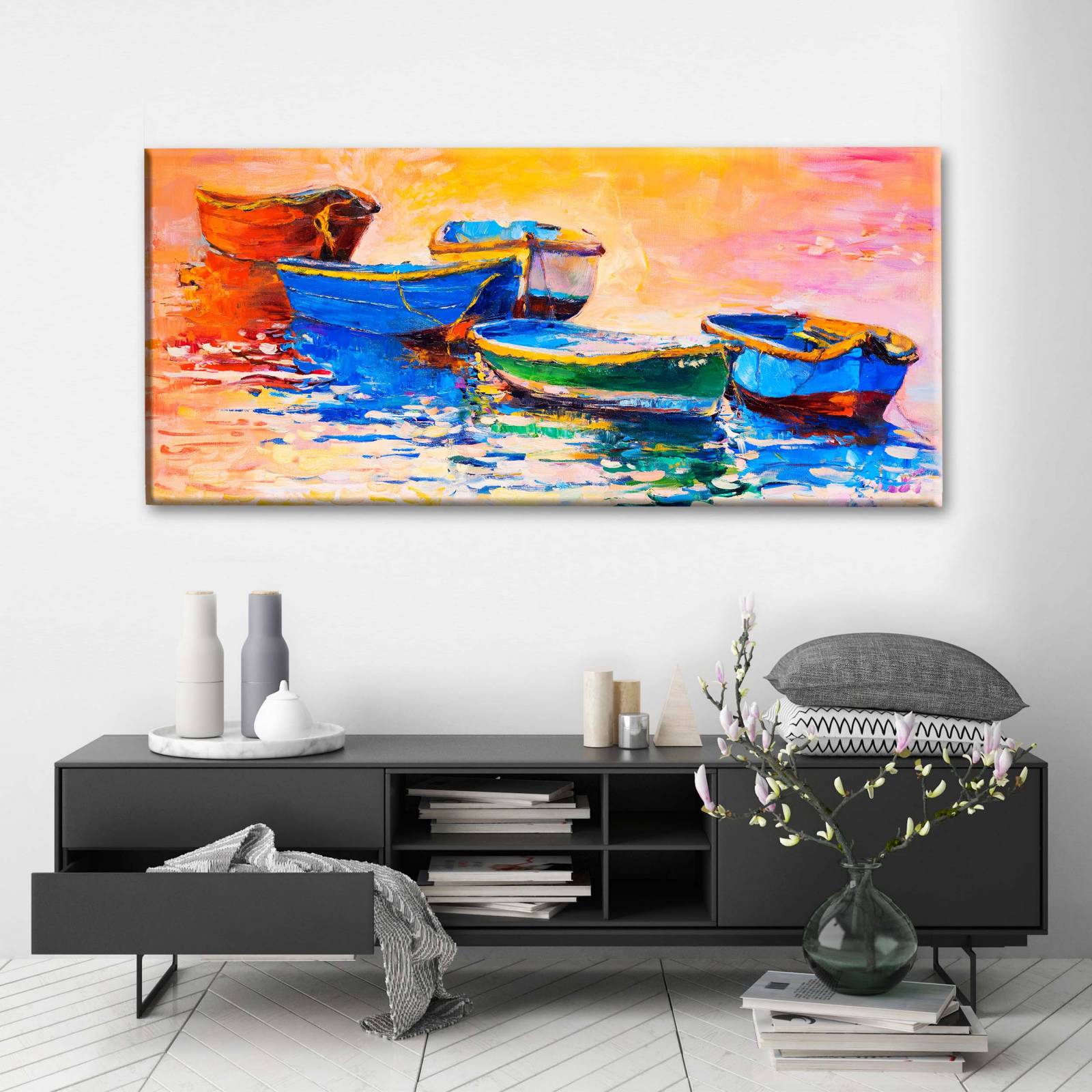 Cuadro Decorativo Canvas Oleo Barcos Puesta de Sol 80x40