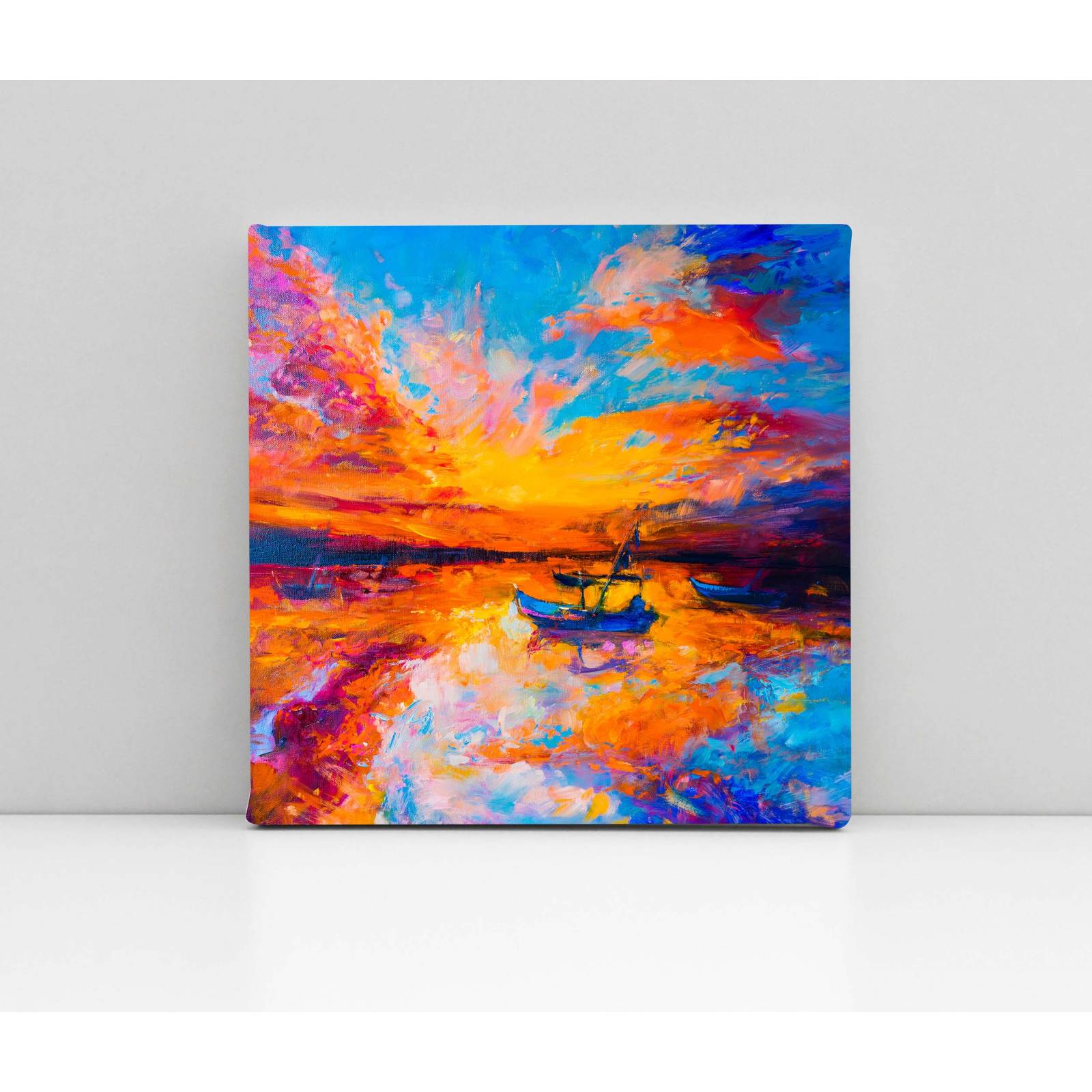 Cuadro Decorativo Canvas Paisaje al óleo, botes 130x130