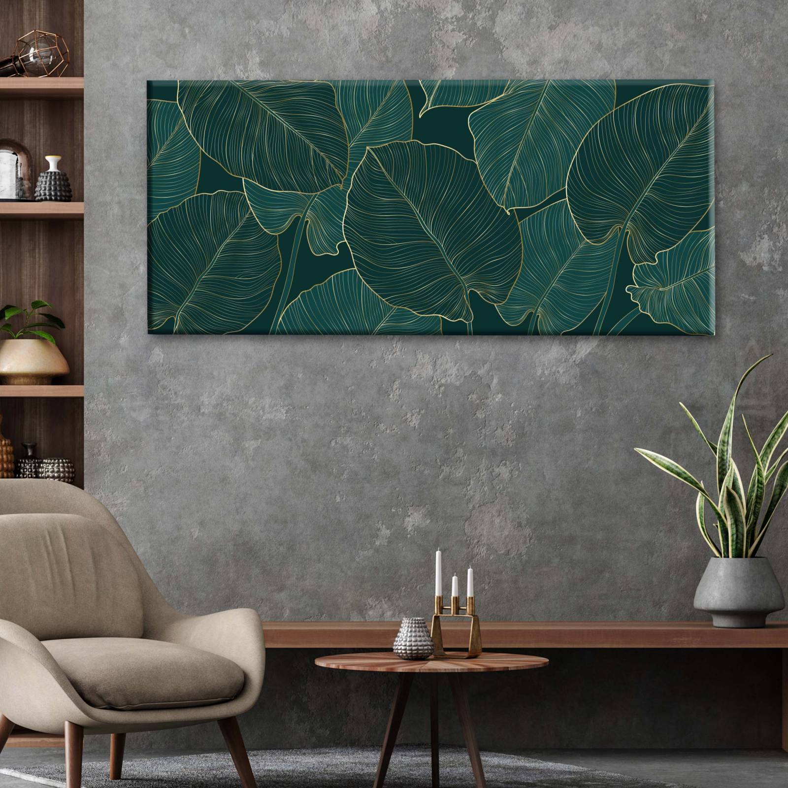 Cuadro Decorativo Canvas Plantas con borde dorado 80x40
