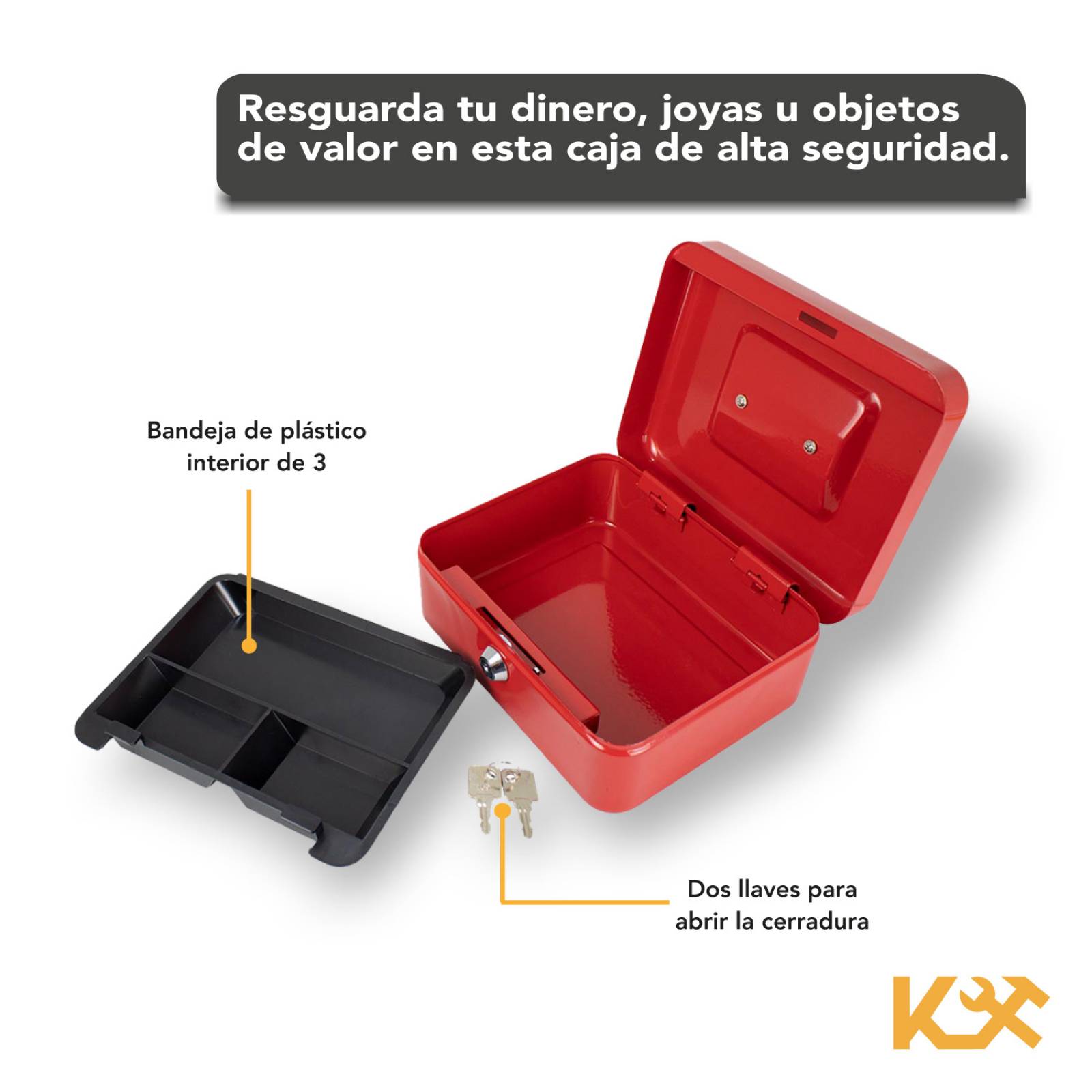 Caja Para Dinero 3 Separadores Metalica 20 Cm Llave Charola