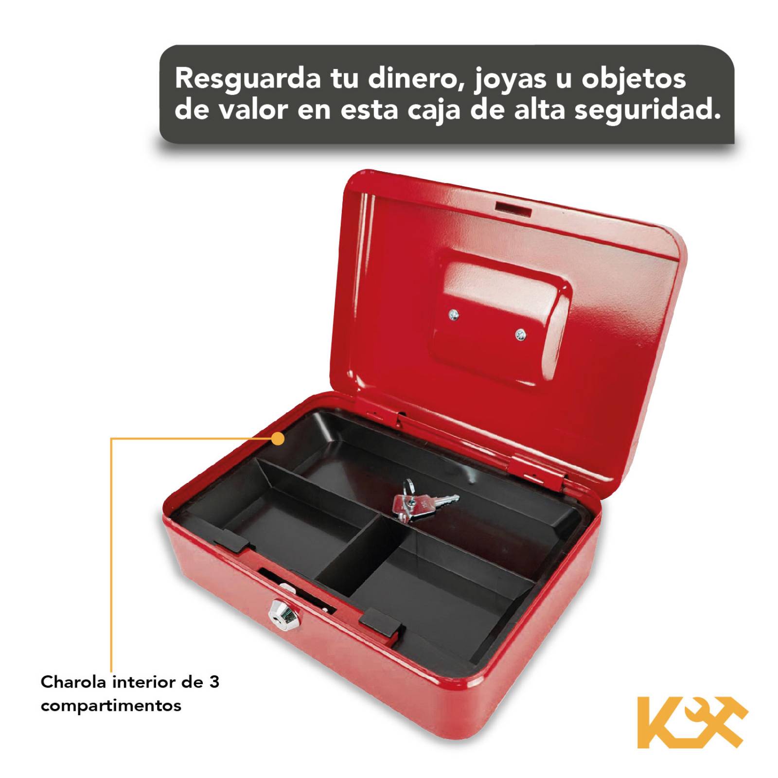 Caja Para Dinero 3 Separadores Metalica 25 Cm Llave Charola