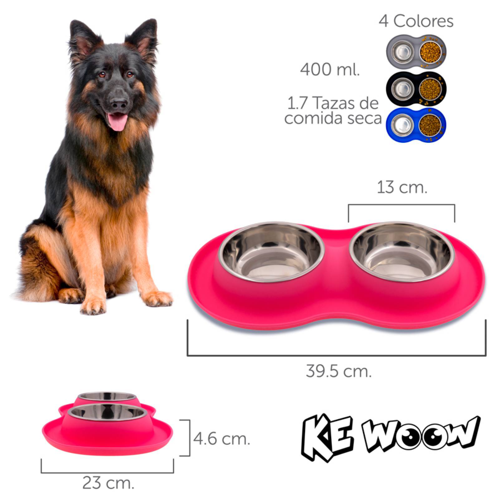 KE WOOW Set de 2 platos de acero inoxidable de 400ml. cada uno con tapete de silicon para perro/gato. Color Rosa