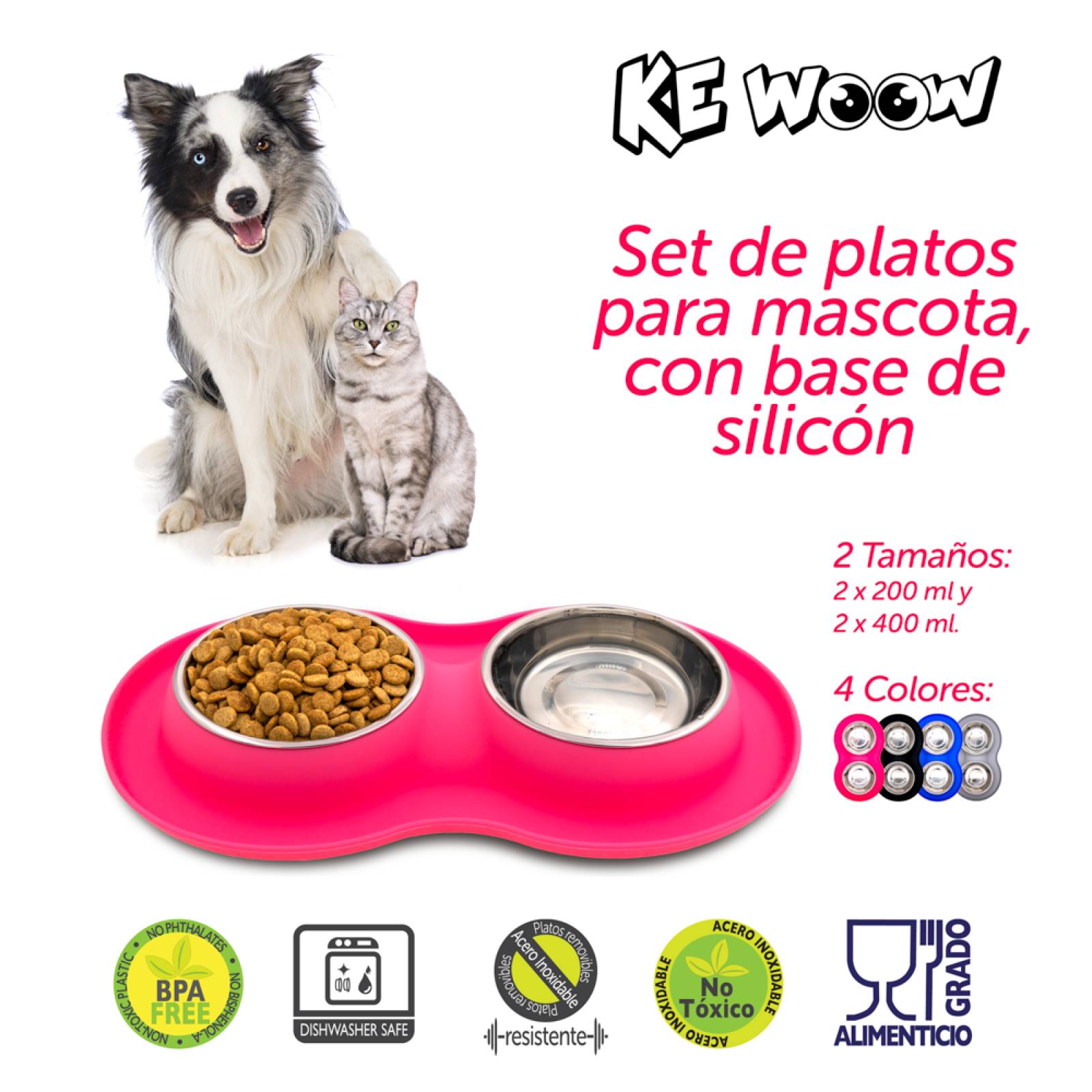 KE WOOW Set de 2 platos de acero inoxidable de 400ml. cada uno con tapete de silicon para perro/gato. Color Rosa