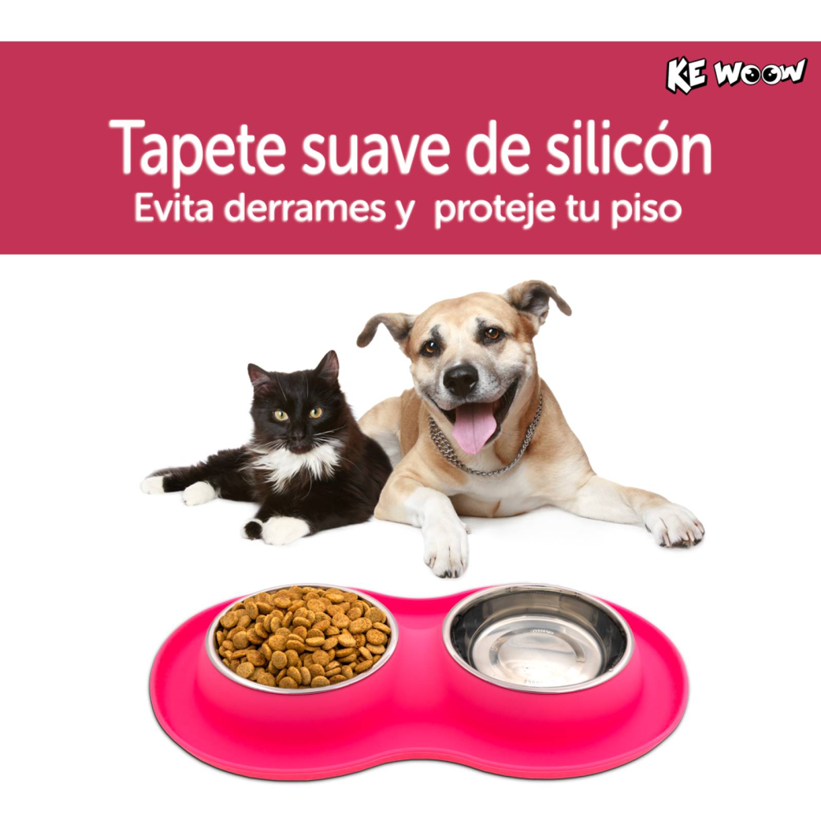 KE WOOW Set de 2 platos de acero inoxidable de 400ml. cada uno con tapete de silicon para perro/gato. Color Rosa