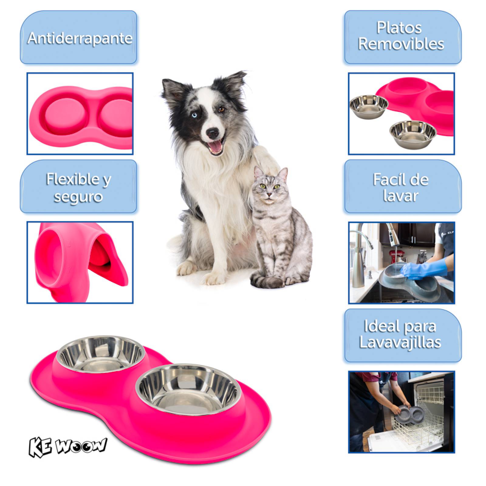 KE WOOW Set de 2 platos de acero inoxidable de 400ml. cada uno con tapete de silicon para perro/gato. Color Rosa