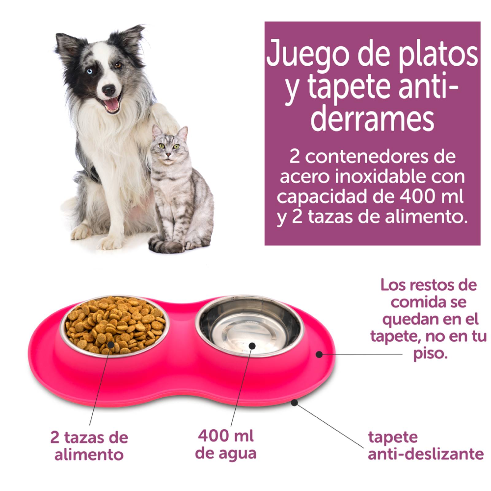 KE WOOW Set de 2 platos de acero inoxidable de 400ml. cada uno con tapete de silicon para perro/gato. Color Rosa