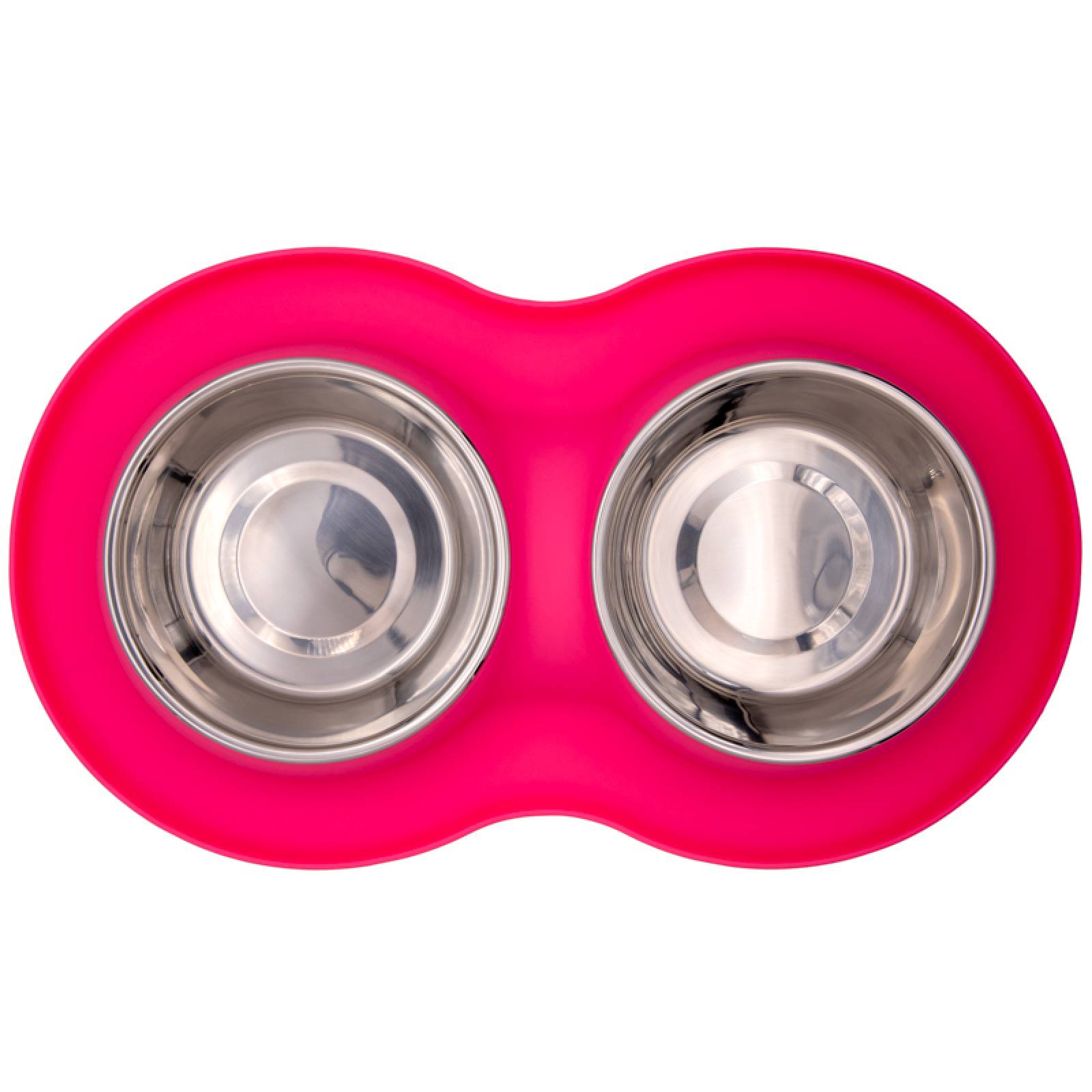 KE WOOW Set de 2 platos de acero inoxidable de 400ml. cada uno con tapete de silicon para perro/gato. Color Rosa
