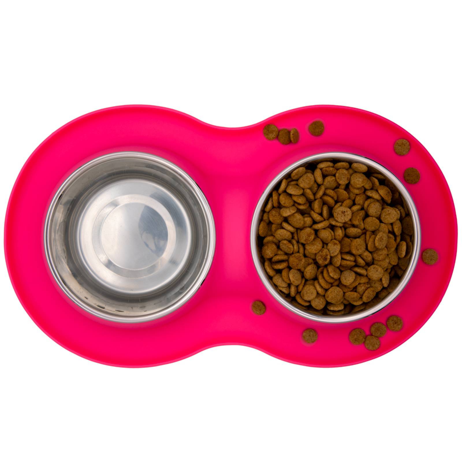 KE WOOW Set de 2 platos de acero inoxidable de 400ml. cada uno con tapete de silicon para perro/gato. Color Rosa