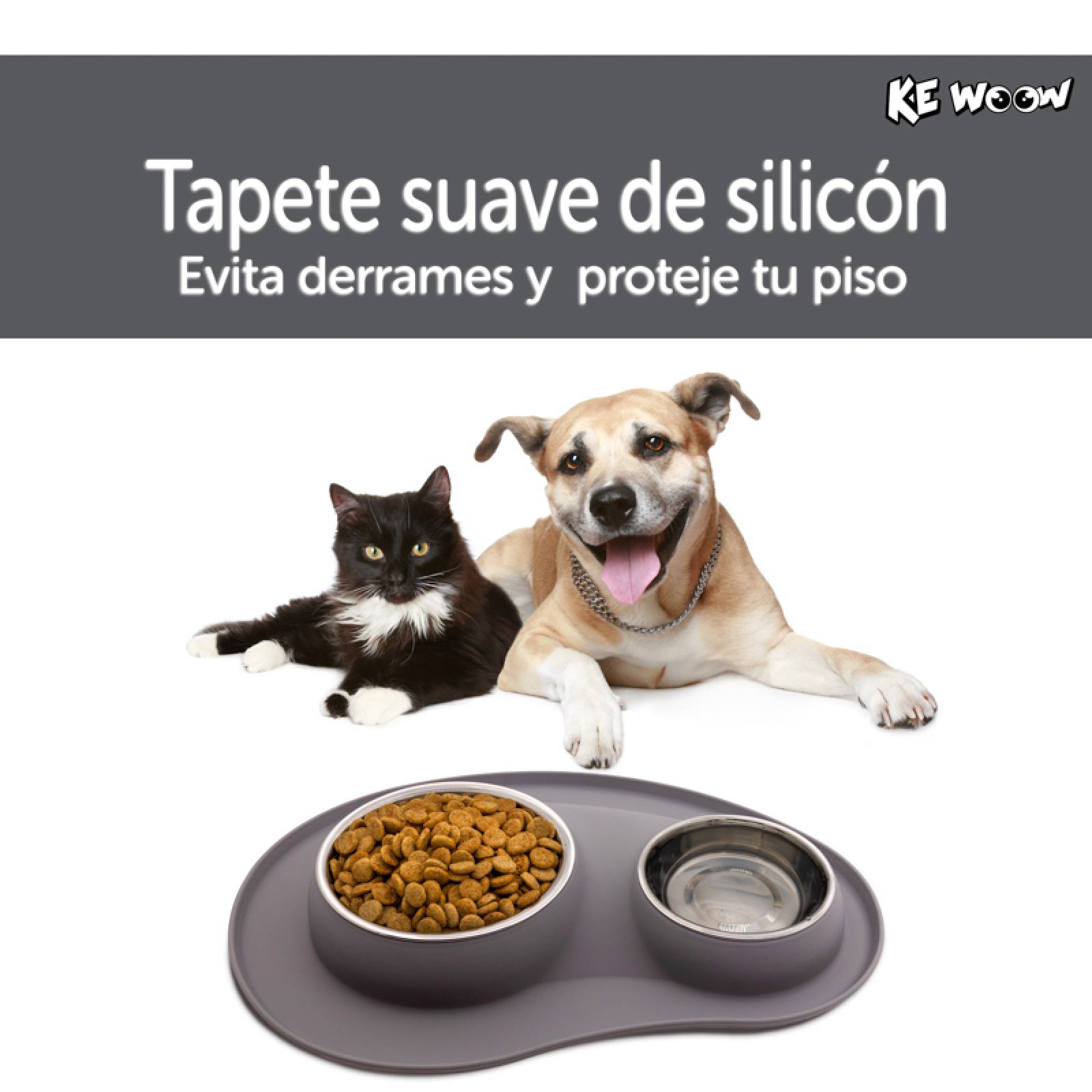 KE WOOW Set de 2 platos en acero inoxidable de 200 y 400 ml. con tapete de silicon. Ideal para perros/gatos y otras mascotas pequeñas. Color Gris