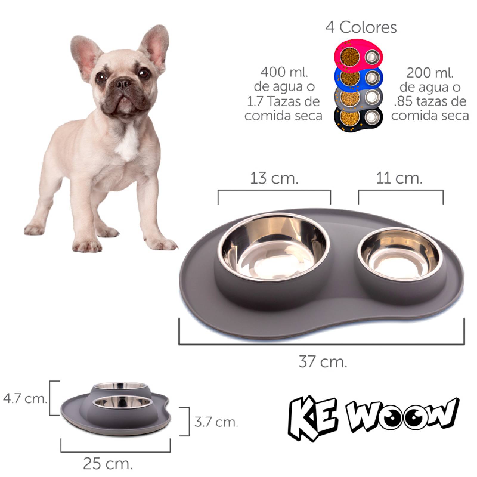 KE WOOW Set de 2 platos en acero inoxidable de 200 y 400 ml. con tapete de silicon. Ideal para perros/gatos y otras mascotas pequeñas. Color Gris