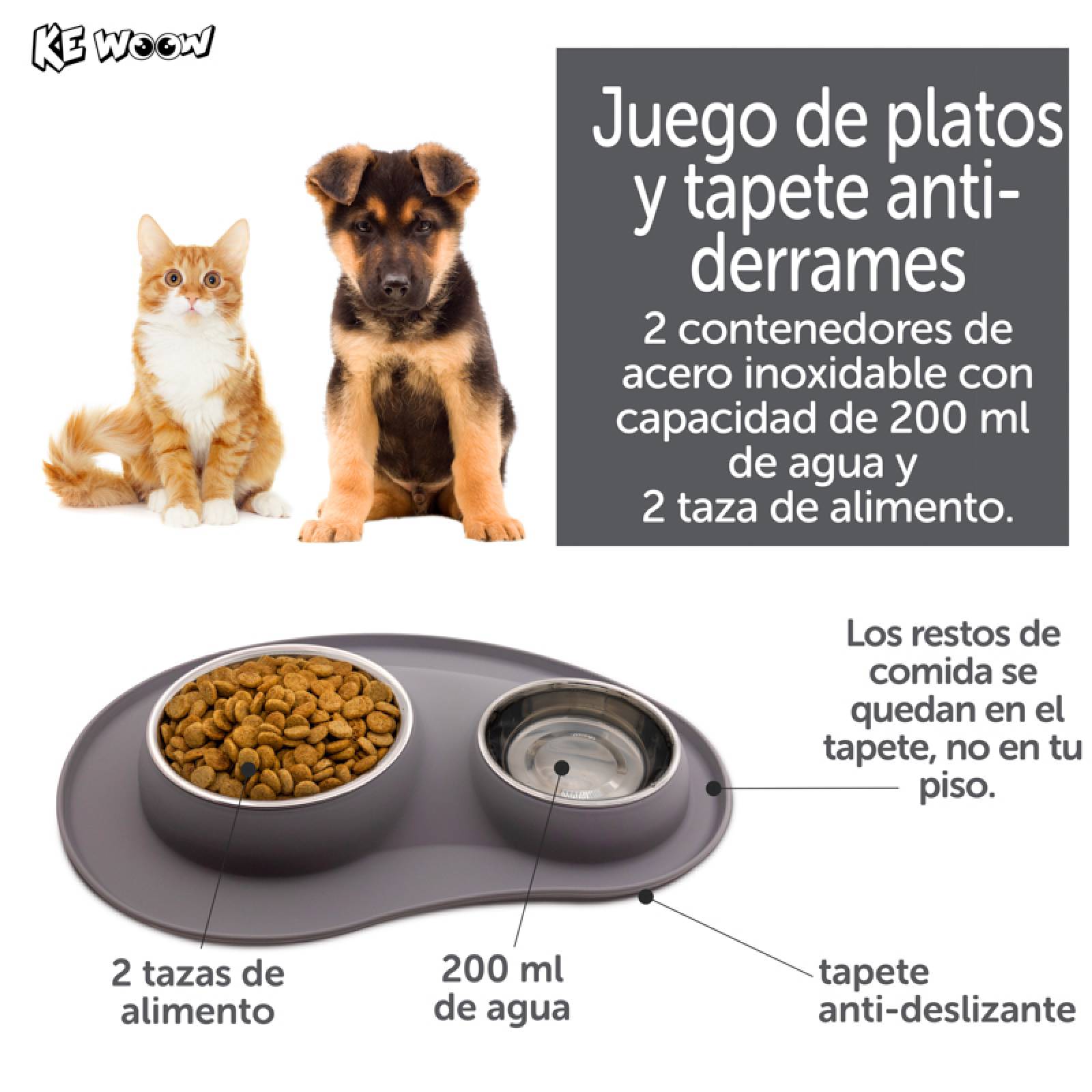 KE WOOW Set de 2 platos en acero inoxidable de 200 y 400 ml. con tapete de silicon. Ideal para perros/gatos y otras mascotas pequeñas. Color Gris