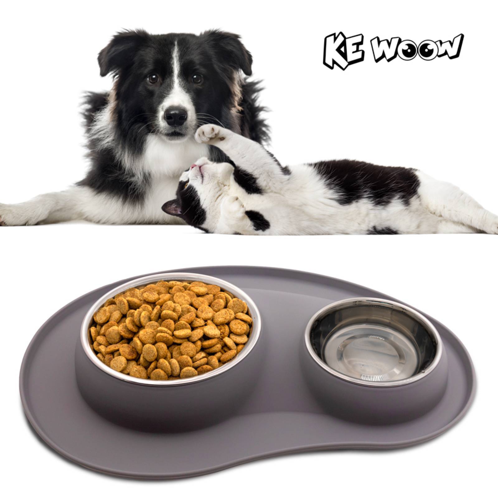 KE WOOW Set de 2 platos en acero inoxidable de 200 y 400 ml. con tapete de silicon. Ideal para perros/gatos y otras mascotas pequeñas. Color Gris
