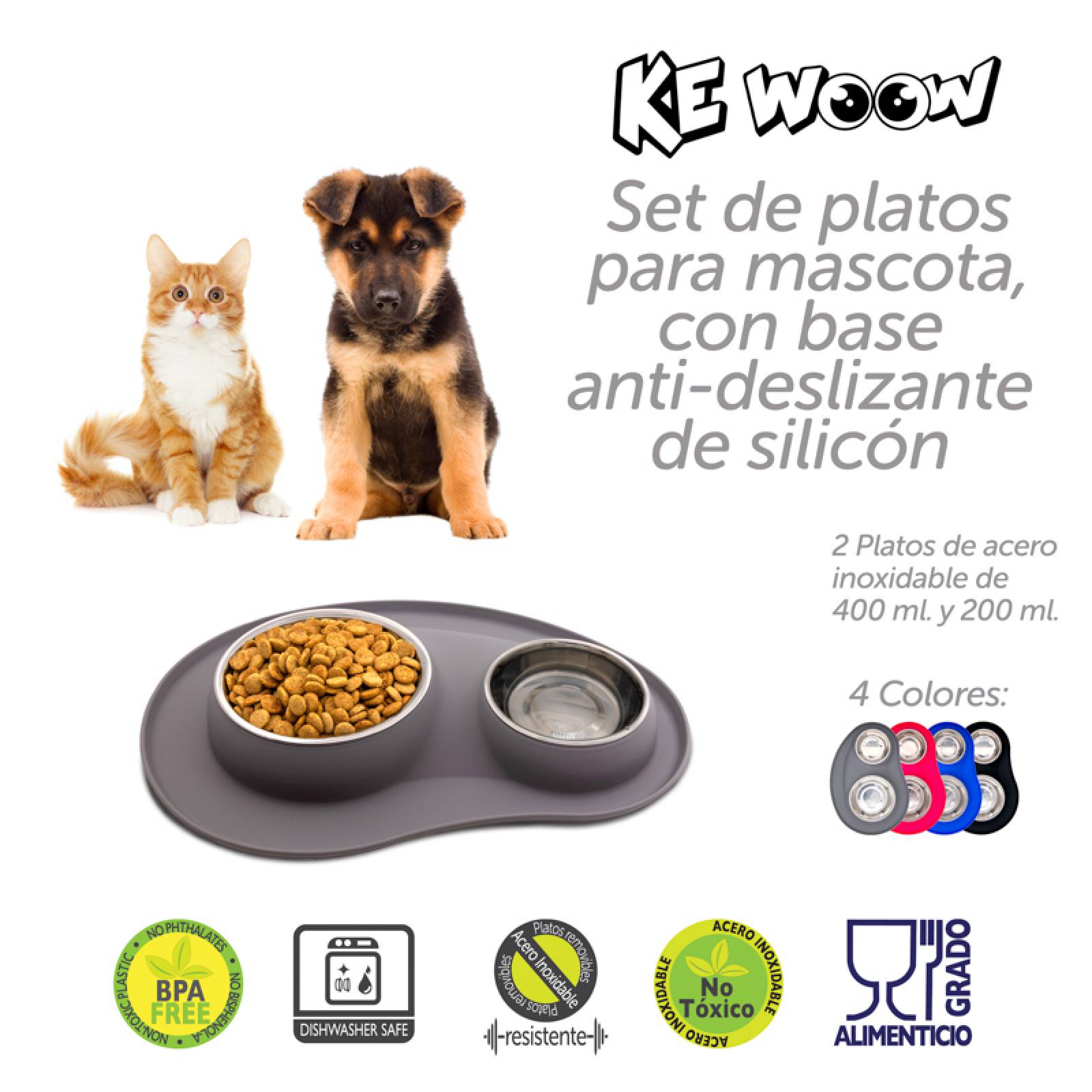 KE WOOW Set de 2 platos en acero inoxidable de 200 y 400 ml. con tapete de silicon. Ideal para perros/gatos y otras mascotas pequeñas. Color Gris