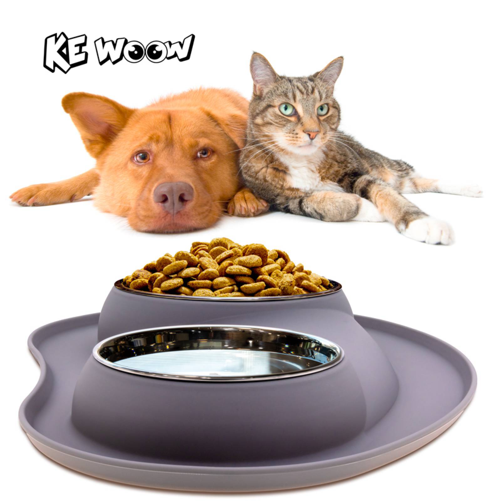 KE WOOW Set de 2 platos en acero inoxidable de 200 y 400 ml. con tapete de silicon. Ideal para perros/gatos y otras mascotas pequeñas. Color Gris