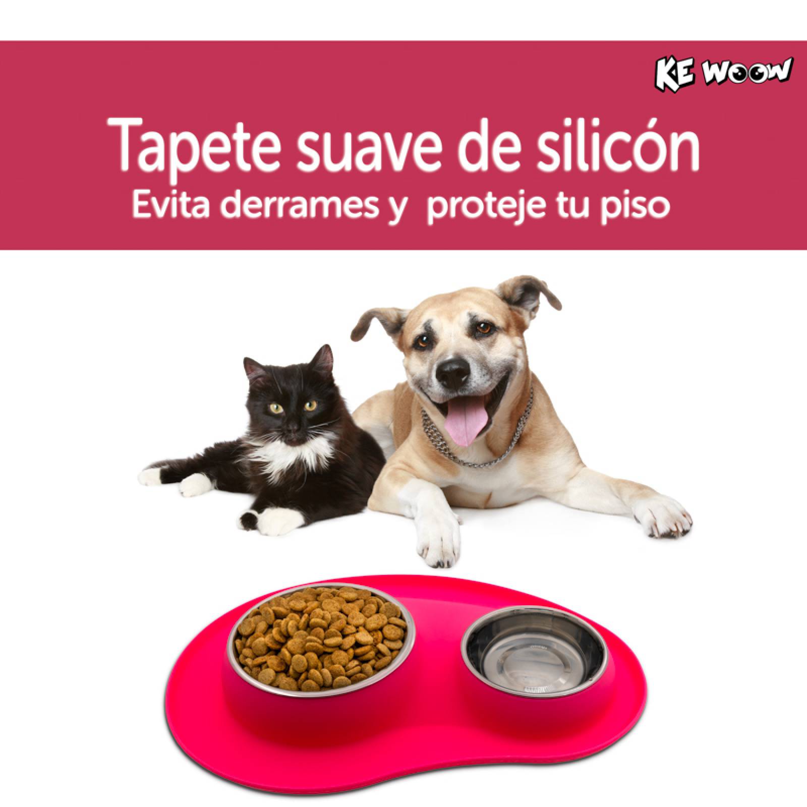 KE WOOW Set de 2 platos en acero inoxidable de 200 y 400 ml. con tapete de silicon. Ideal para perros/gatos y otras mascotas pequeñas. Color Rosa