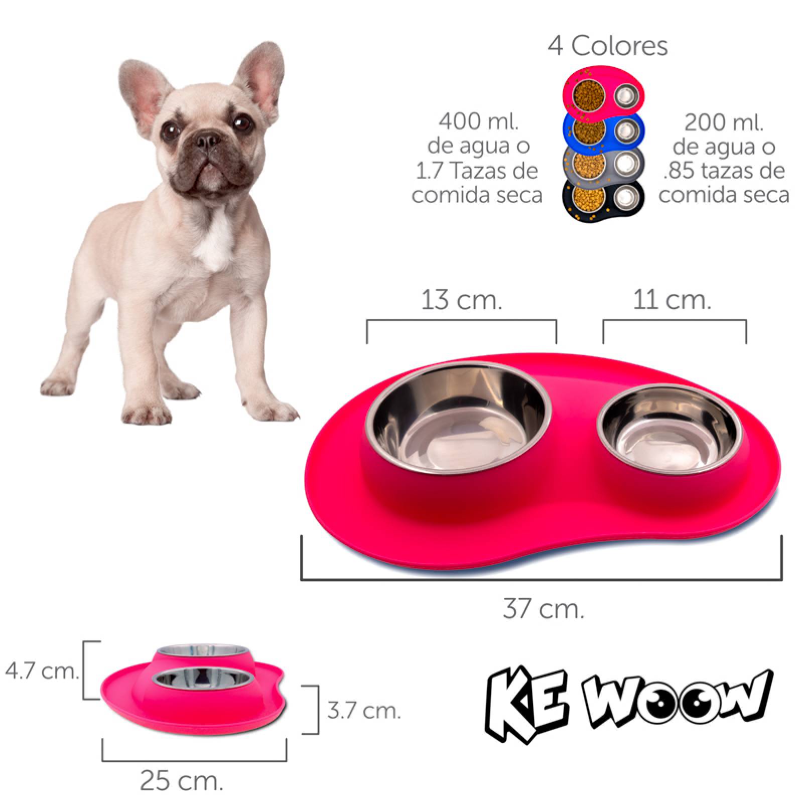 KE WOOW Set de 2 platos en acero inoxidable de 200 y 400 ml. con tapete de silicon. Ideal para perros/gatos y otras mascotas pequeñas. Color Rosa