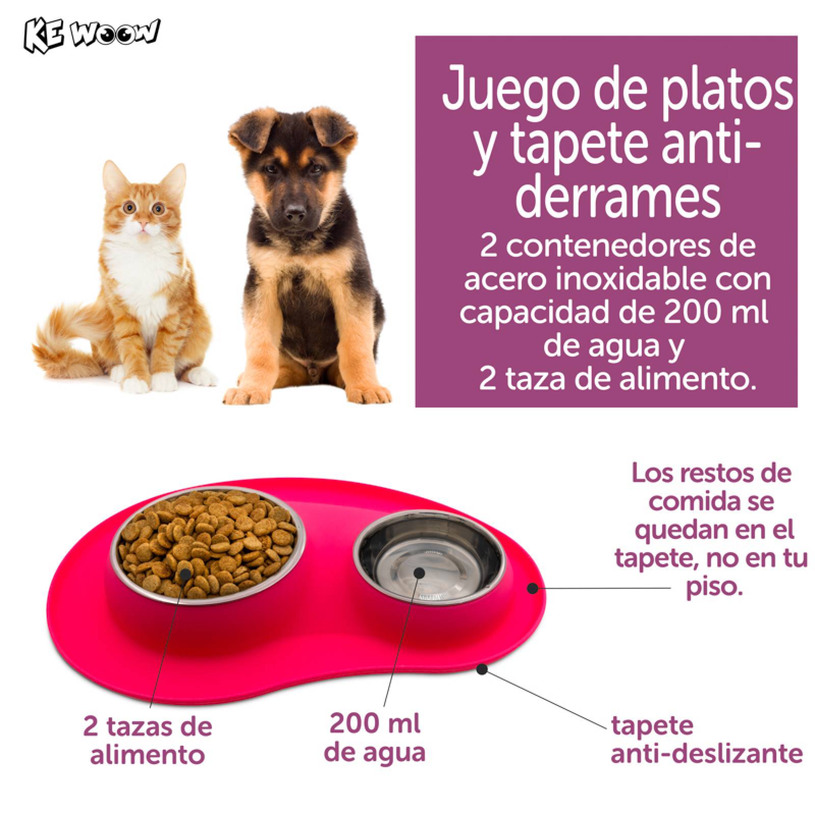 KE WOOW Set de 2 platos en acero inoxidable de 200 y 400 ml. con tapete de silicon. Ideal para perros/gatos y otras mascotas pequeñas. Color Rosa