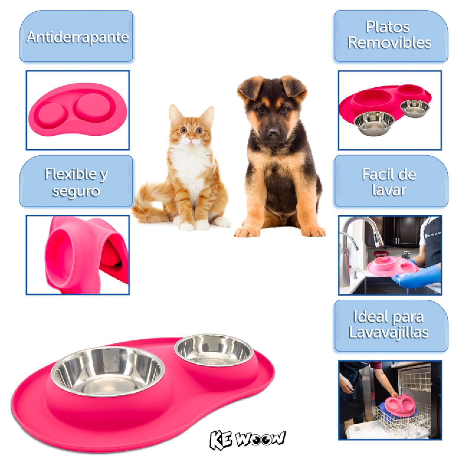 KE WOOW Set de 2 platos en acero inoxidable de 200 y 400 ml. con tapete de silicon. Ideal para perros/gatos y otras mascotas pequeñas. Color Rosa