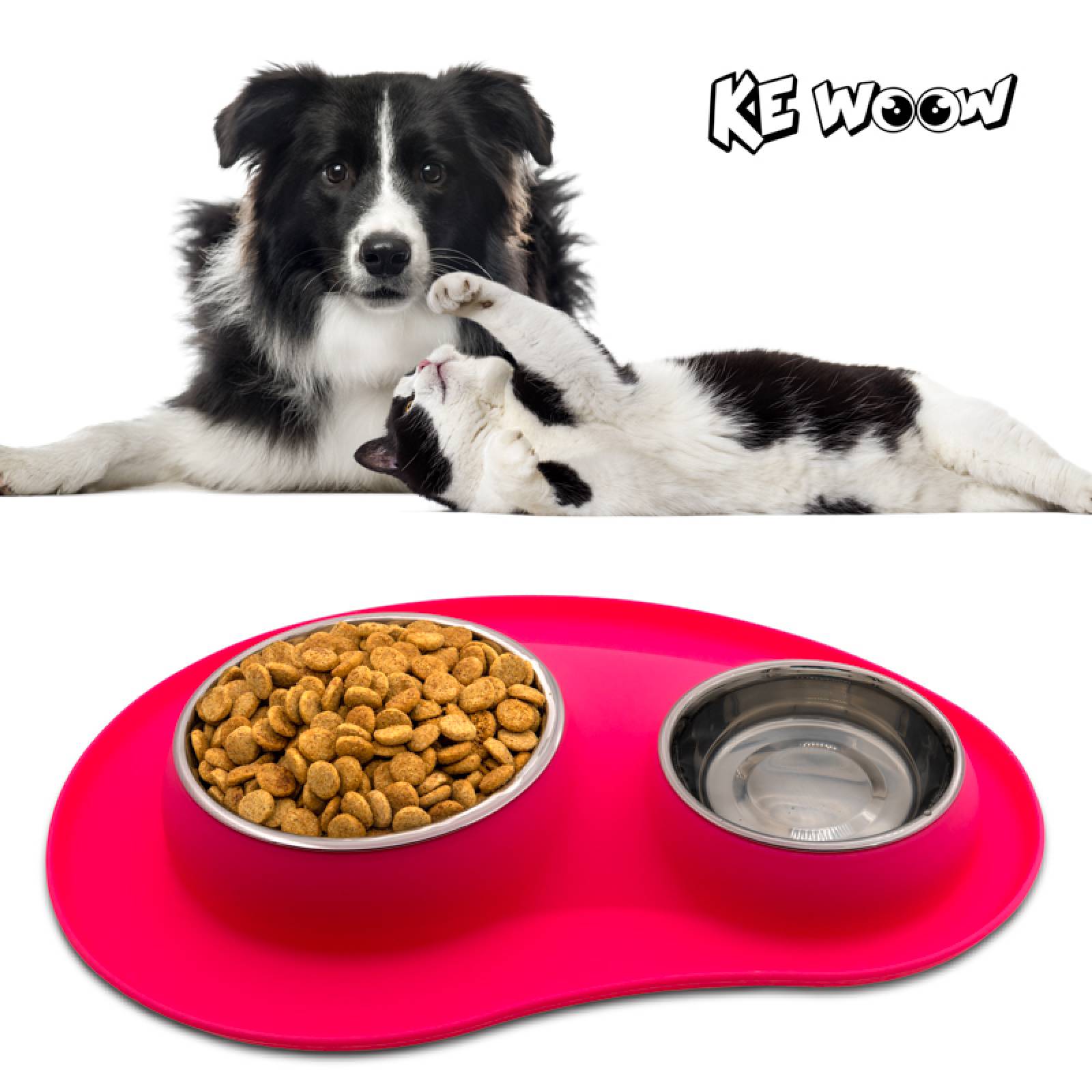 KE WOOW Set de 2 platos en acero inoxidable de 200 y 400 ml. con tapete de silicon. Ideal para perros/gatos y otras mascotas pequeñas. Color Rosa