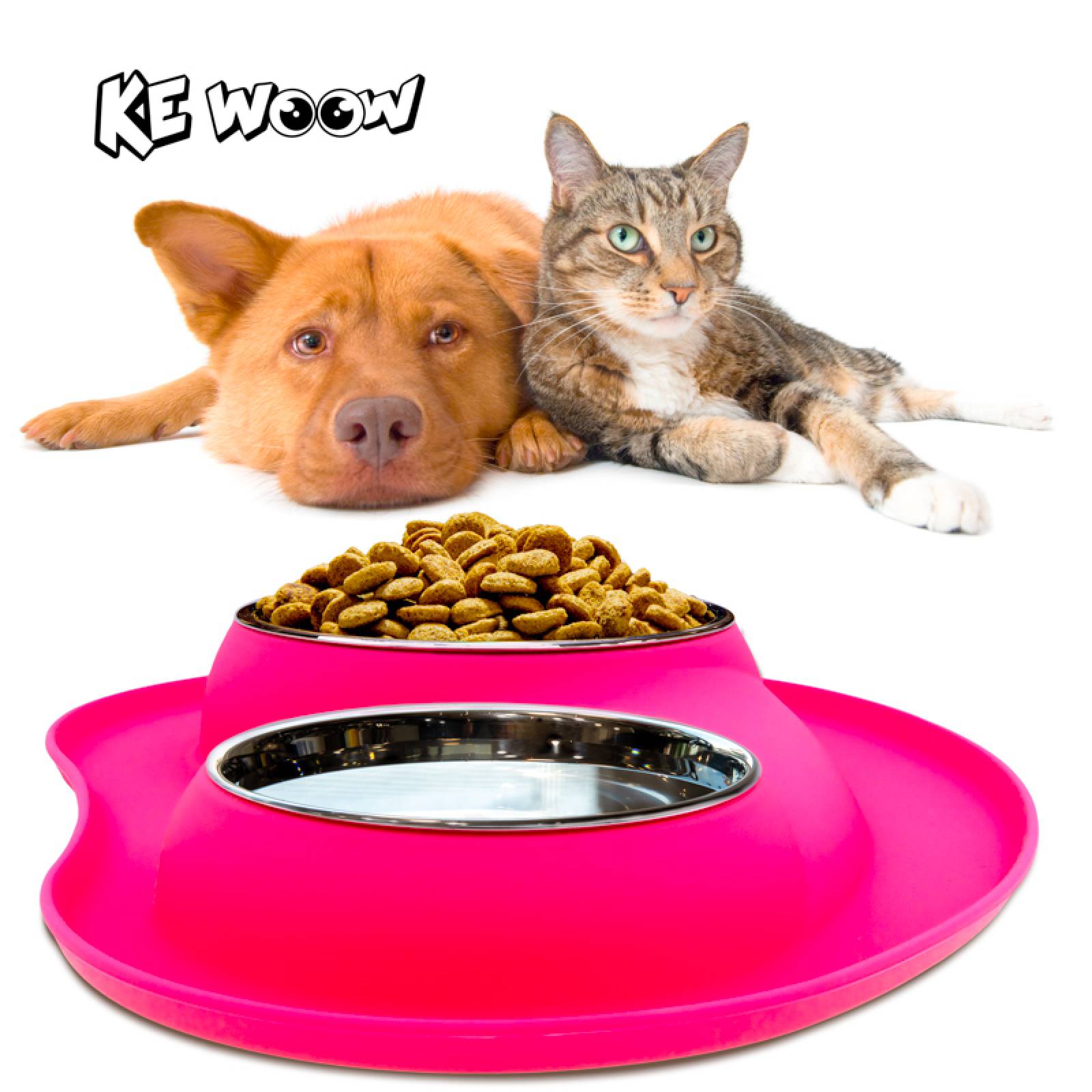 KE WOOW Set de 2 platos en acero inoxidable de 200 y 400 ml. con tapete de silicon. Ideal para perros/gatos y otras mascotas pequeñas. Color Rosa