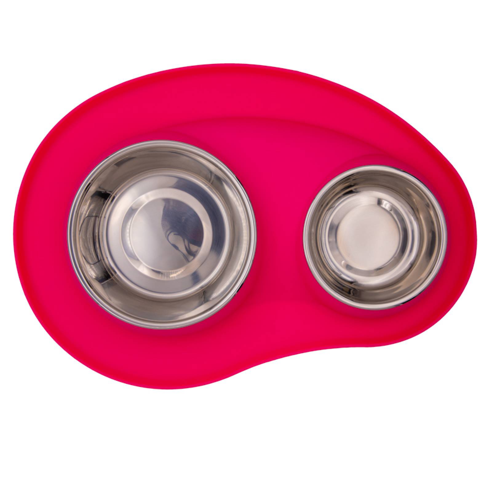 KE WOOW Set de 2 platos en acero inoxidable de 200 y 400 ml. con tapete de silicon. Ideal para perros/gatos y otras mascotas pequeñas. Color Rosa